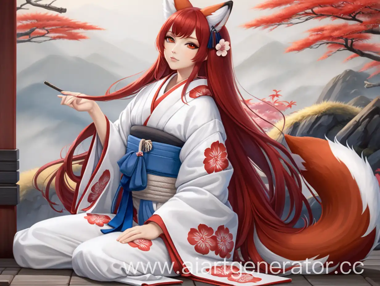 Relaxed-Kitsune-Woman-in-White-Kimono-with-Fox-Ears-and-Tails