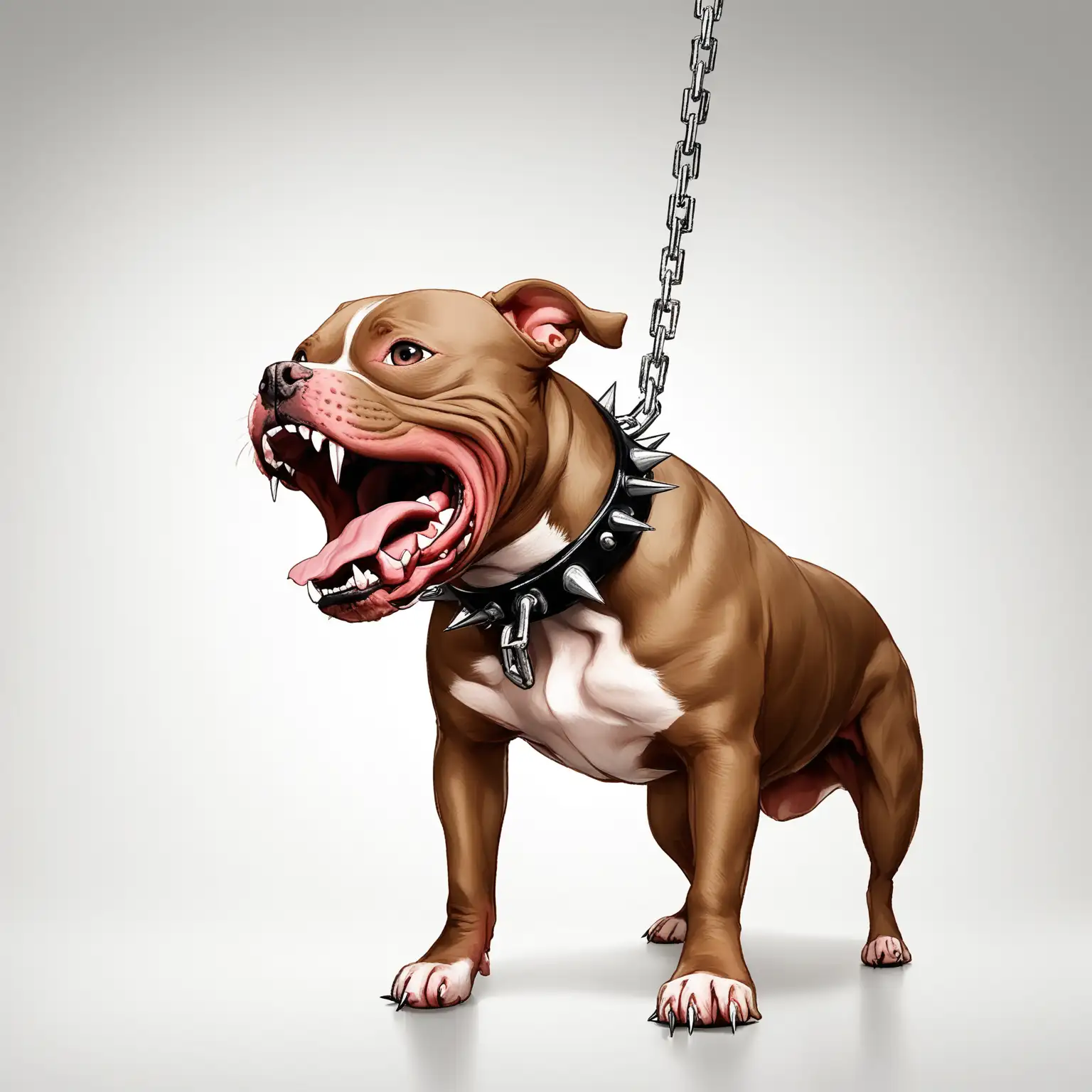 pittbull dog on chain with spiked collar barking aggressively isolated on white background
