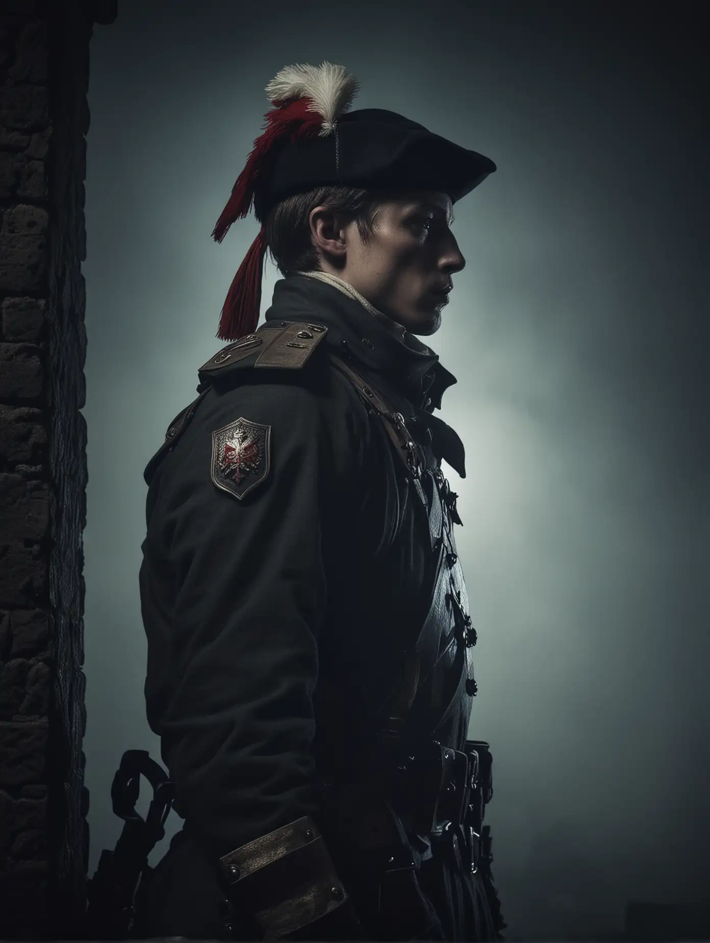 An epic scene in 17th century featuring a young polish soldier in half profile, full height, on duty at the guard tower of the fortress, dark night, ghostly atmosphere, fog, side cinematic view.