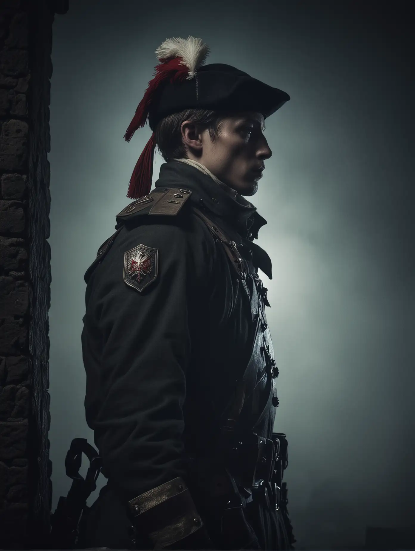 An epic scene in 17th century featuring a young polish soldier in half profile, full height, on duty at the guard tower of the fortress, dark night, ghostly atmosphere, fog, side cinematic view. 