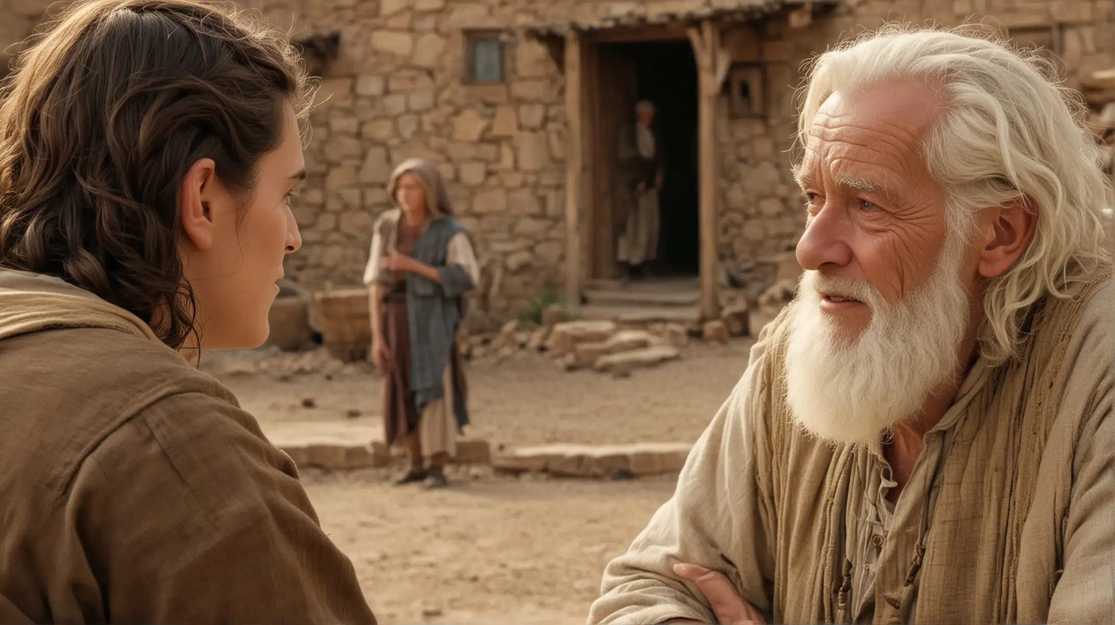 Biblical Era Encounter Young Man Conversing with Elderly Couple in Desert Town