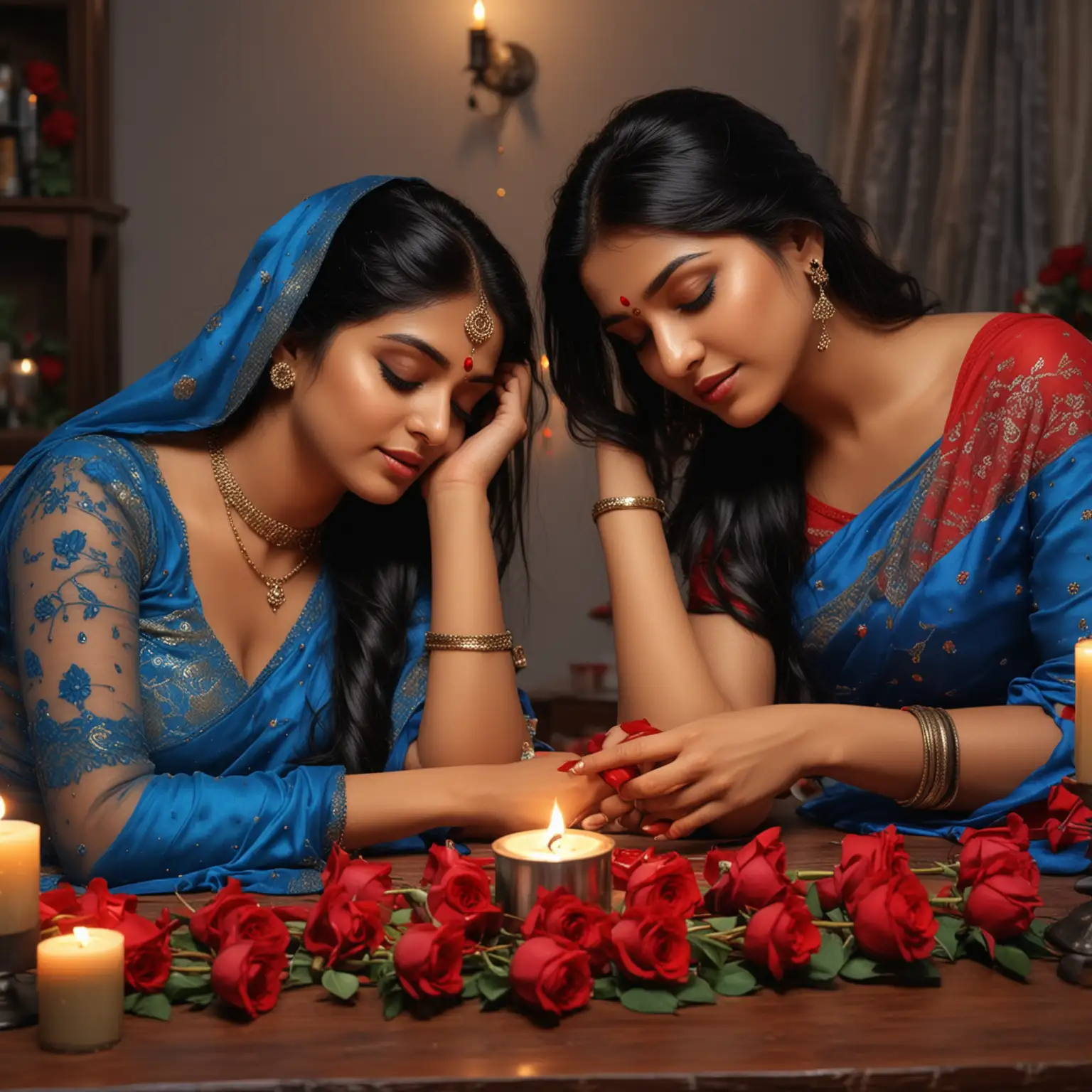 Indian Lesbian Seduction Sensual Portrait of Two Women in Blue Sarees by  Candlelight | AI Image Generator