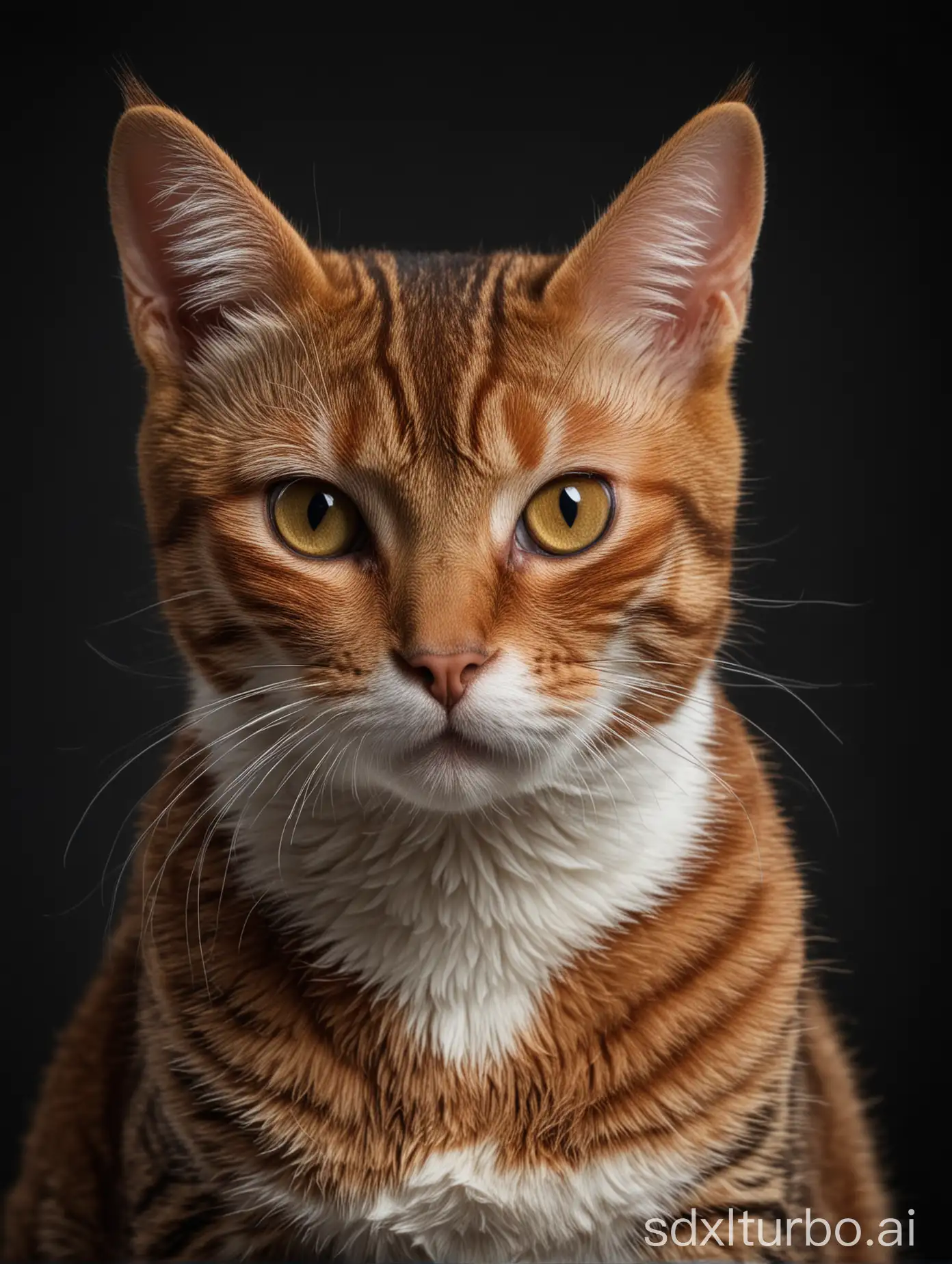 Portrait of a red-striped European short-hair cat, in a photo studio with dark background, very detailed, ultra-high resolution