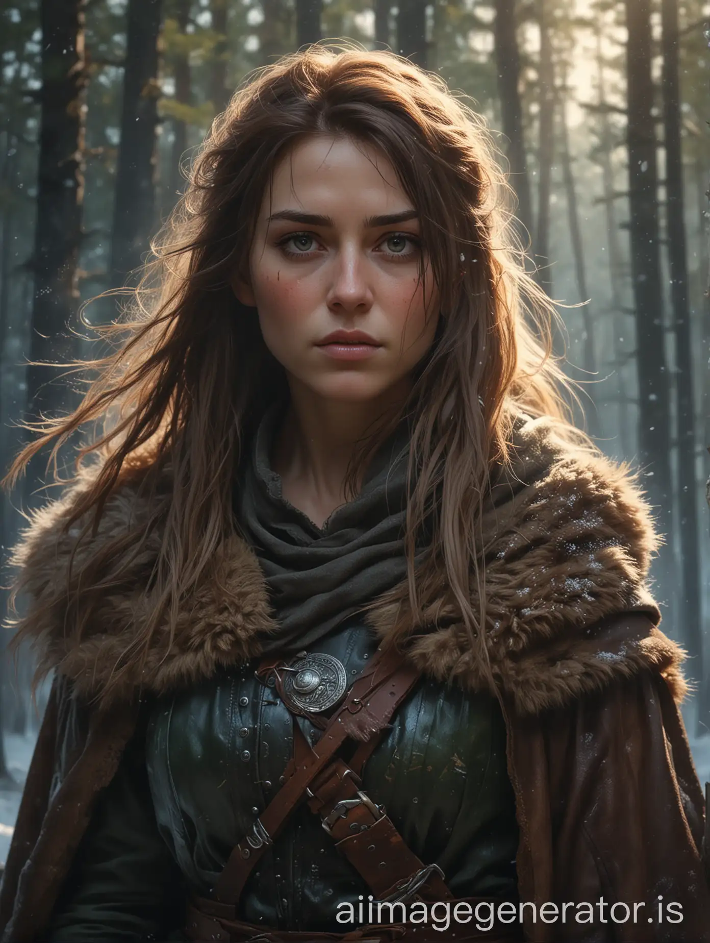 a fierce Viking warrior female, perfect anatomy, perfect face, focus on the eyes, muted make-up, wearing rugged leather armor, fur-lined cloak, perfect eyes, determined look, wind, smoke, light particles, mid-walk pose, snowy ancient Nordic forest, background showcases aurora borealis shimmering in the sky, style of Waterhouse, Repin, Rutkowski, Boris Vallejo, Luis Royo, Makoto Shinkai, Jamie Wyeth, James Gilleard, Edward Hopper, Greg Rutkowski, volumetric lighting, acrylic painting, palette knife and brush strokes, 16k