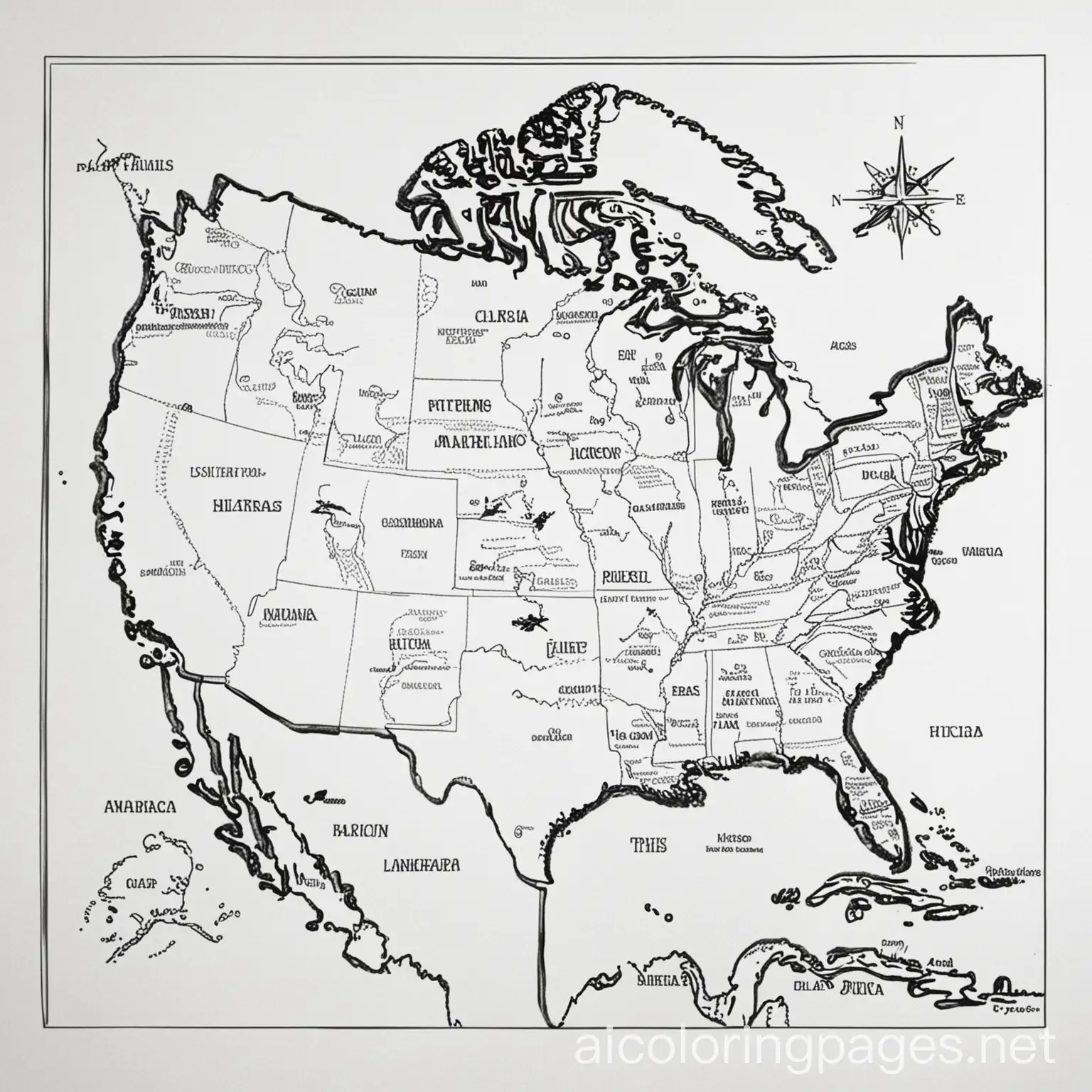 simple map of north america with 10 simple landmarks, Coloring Page, black and white, line art, white background, Simplicity, Ample White Space. The background of the coloring page is plain white to make it easy for young children to color within the lines. The outlines of all the subjects are easy to distinguish, making it simple for kids to color without too much difficulty