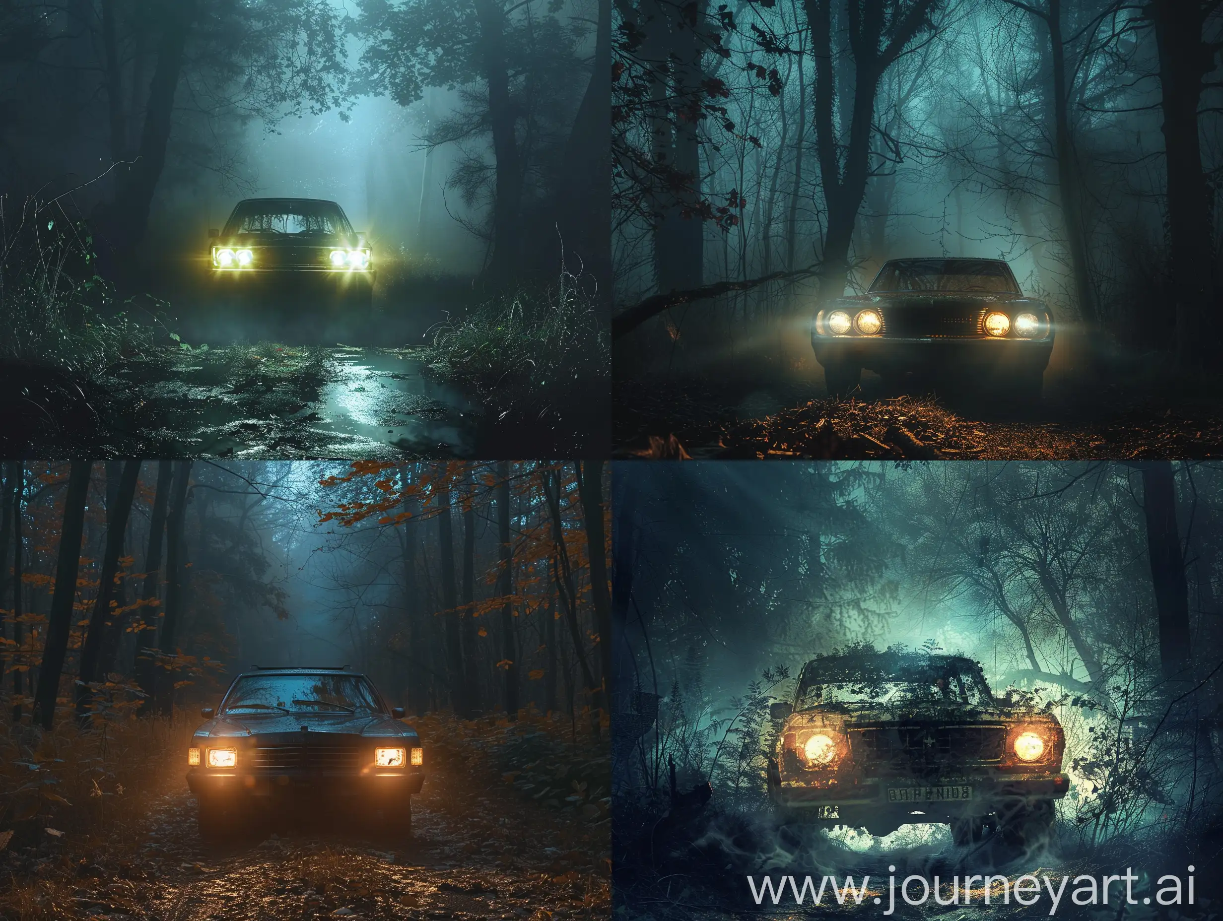 car in the middle of the forest, first person on the solon car, headlights, background, night, horror