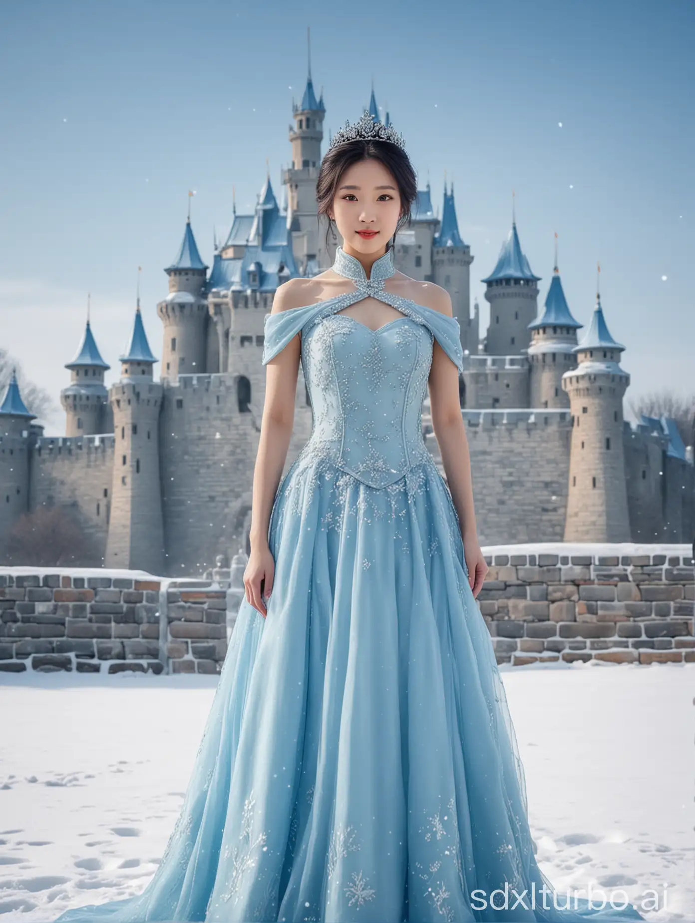 A Chinese girl, wearing a blue dress, standing in the snow, wearing a crown, princess, with a castle background, ice and snow theme