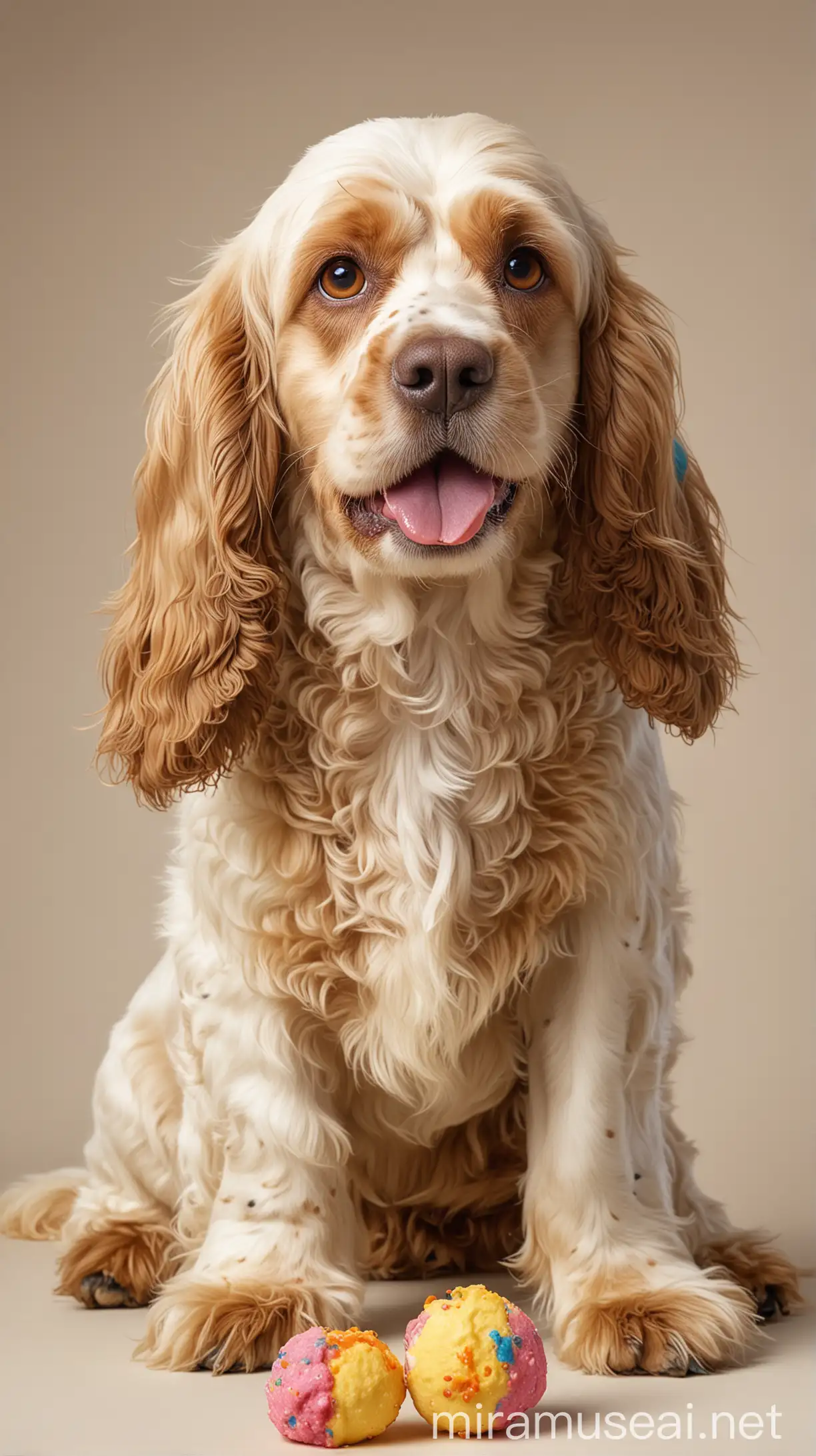 Hyper-realistic full-length photo of a cocker spaniel, 5 years old, with white fur with beige spots, beige ears, sitting, seen from the front and from above, looking happily at the camera, with a sweet colorful treat in its mouth. Natural lighting. Neutral background, defined contours.
