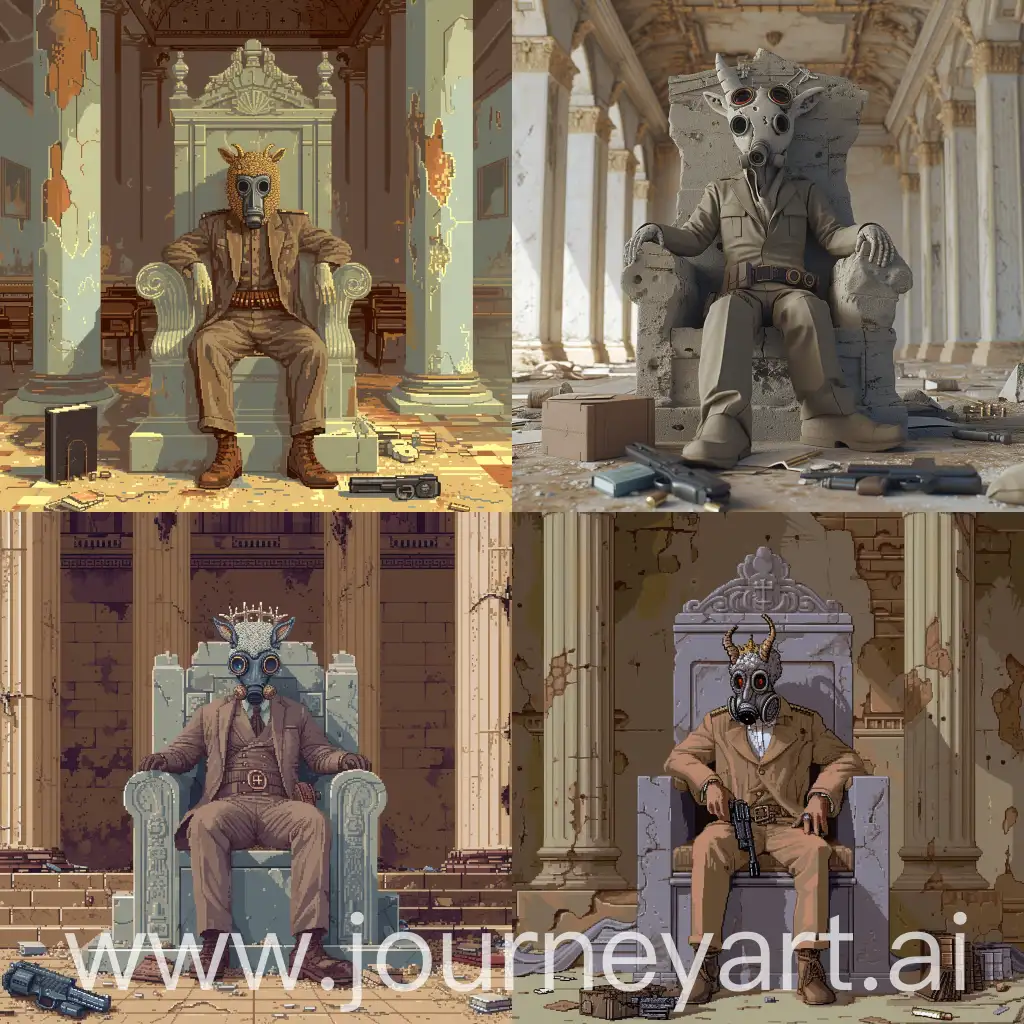 The style of the pixel 3D image
A man sitting on a stone throne in an abandoned palace. A man dressed in a three-piece suit
  On his face is a gas mask in the form of a seven-eyed lamb with a crown of thorns on his head
  There is a holster with a Mauser pistol on his belt
The gun lying at the man's feet
An abandoned palace in the style of the Stalinist Empire
Pixel-based 3D graphics with clear lines and rich colors, The effect of aging for a dilapidated and abandoned look
Minimal lighting effects to create an atmosphere
Additional items such as old books scattered on the floor