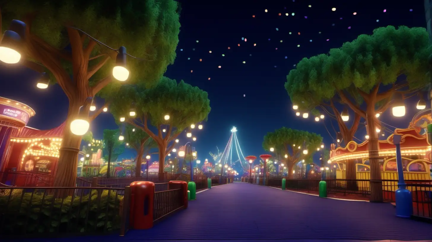 amusement park street with trees lights at night pixar style, uhd , 32k