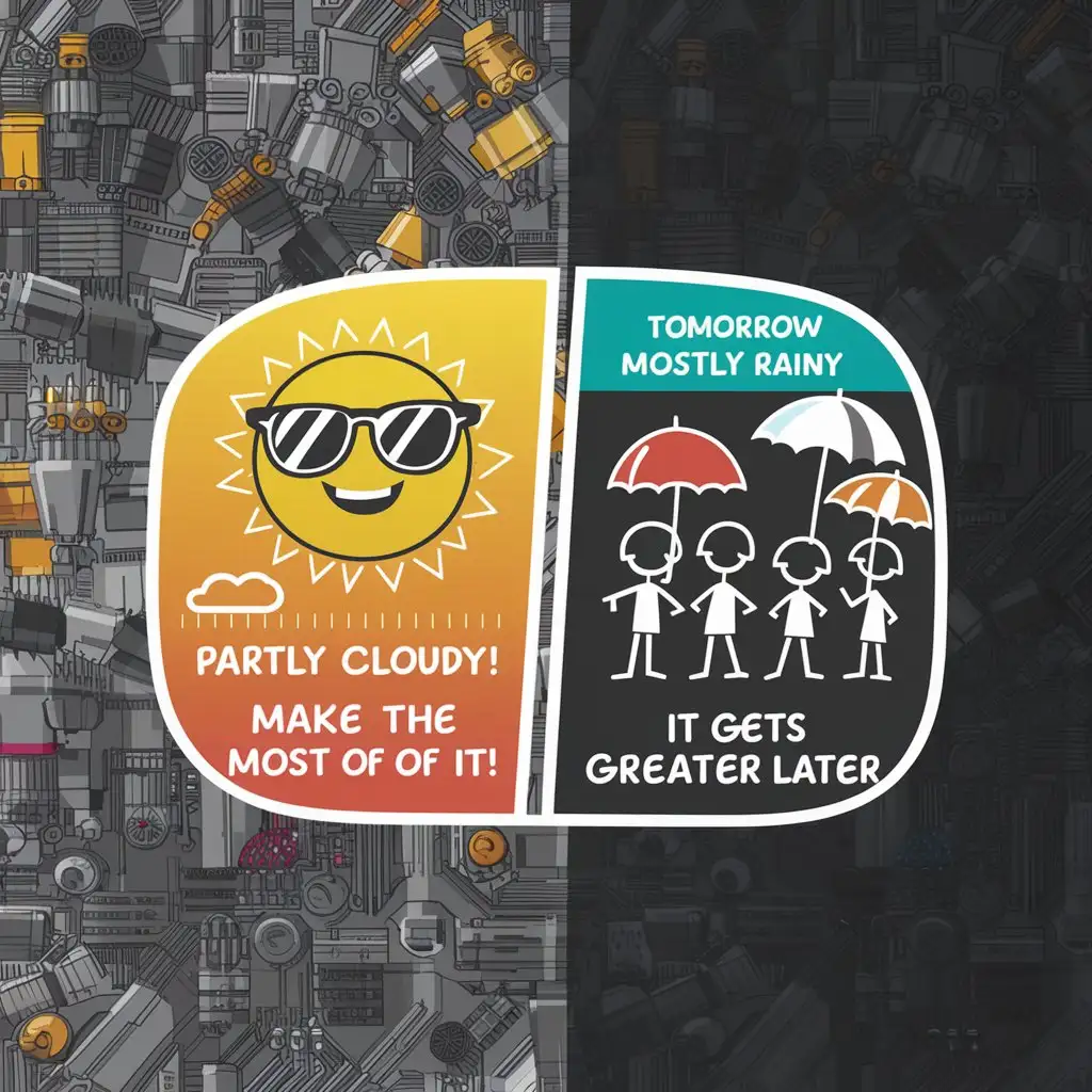 a logo design,with the text "Save for a rainy day", main symbol:Graphic: A cartoonish weather forecast screen. The left side shows today's forecast: 'Partly Cloudy' with a smiling sun wearing sunglasses. The right side shows tomorrow's forecast: 'Mostly rainy' with stick figure people holding umbrellas. Text: Below today's forecast: 'Make the most of it!' Below tomorrow's forecast: 'It get greater later.' Colors: Use bright and cheerful colors for today's forecast and dark, ominous colors for tomorrow's forecast. Transparent background,complex,clear background