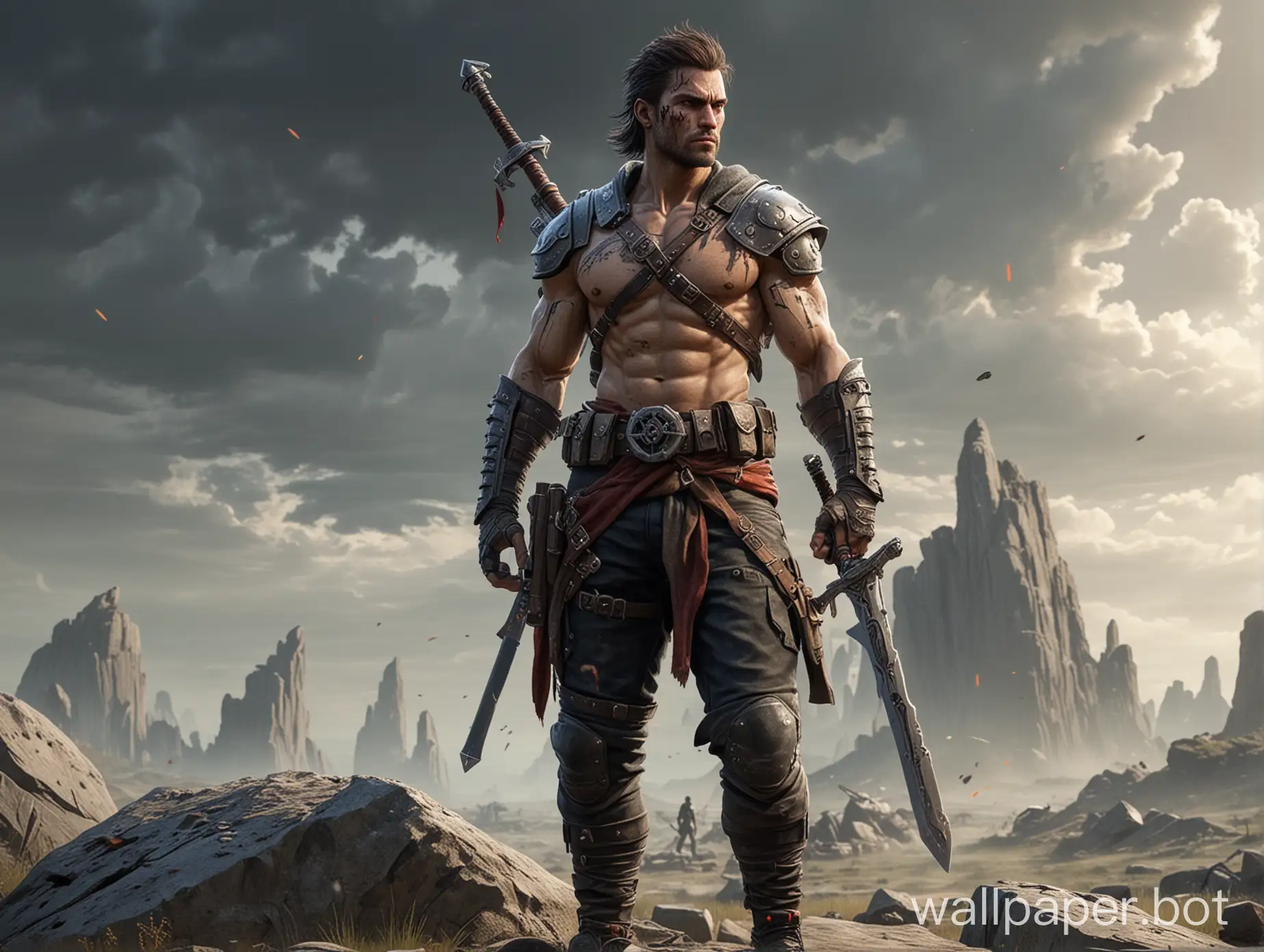 Make a character who is a biker and a gamer which has a small scar on his face and has a fit body. He holds a sword in his right hand and a gun in his left hand. He is standing on a big rock and looking on a battlefield for war.