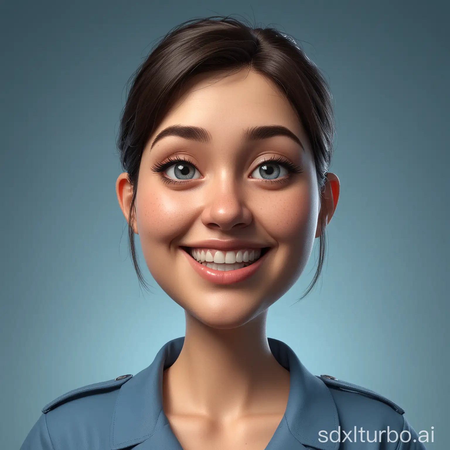 Create a Realistic cartoon style 3D caricature of a full body with a large head. Fat body, 23 year old woman. Neck-length short hair, chubby oval face, thin eyebrows, narrow eyes, big flat nose, smile with mouth wide open showing upper and lower teeth. Wearing a blue uniform. Face angle 2/3, facing right. Use soft photography lighting, uhd, hd, 20k. Hyperrealistic, detailed, color depth, dramatic, side light, blue gradient colorful background.