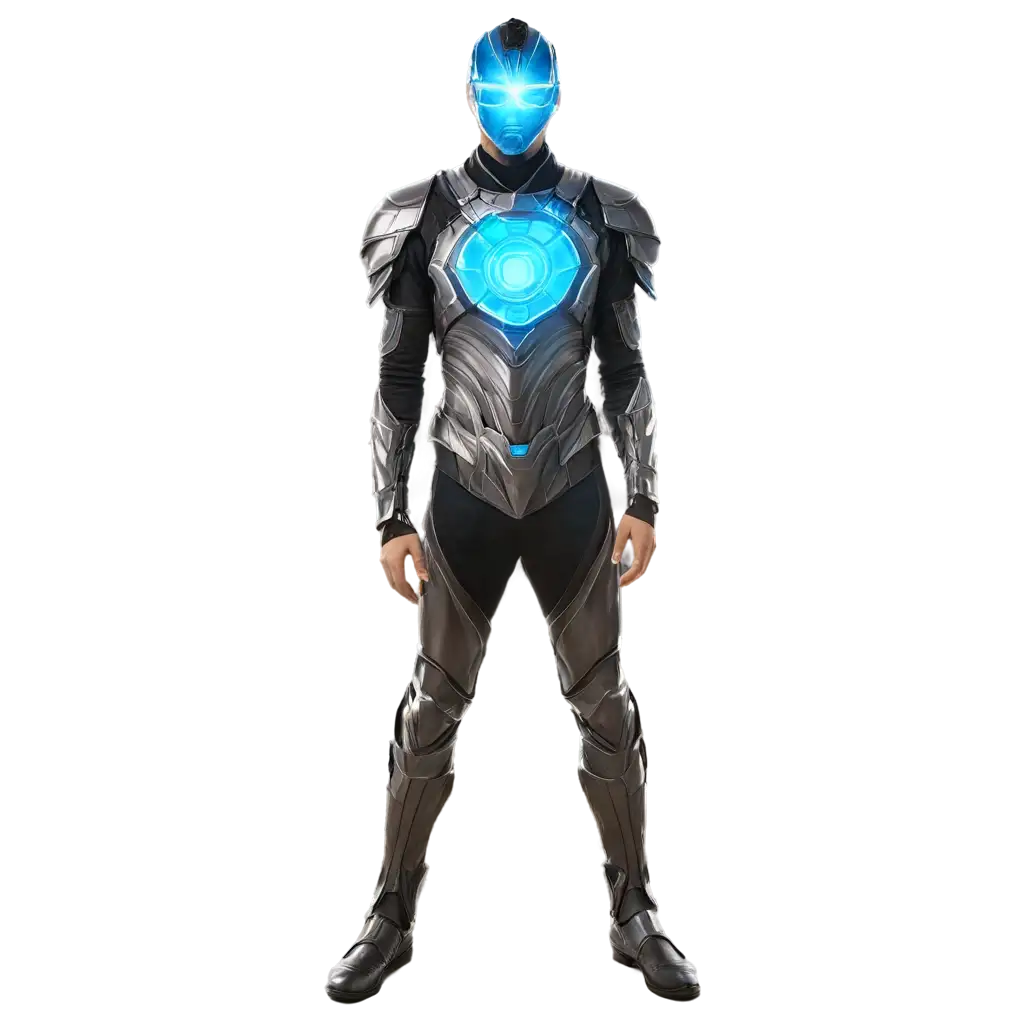 a person wearing glowing armor that covers him full body and has gemstones on it
