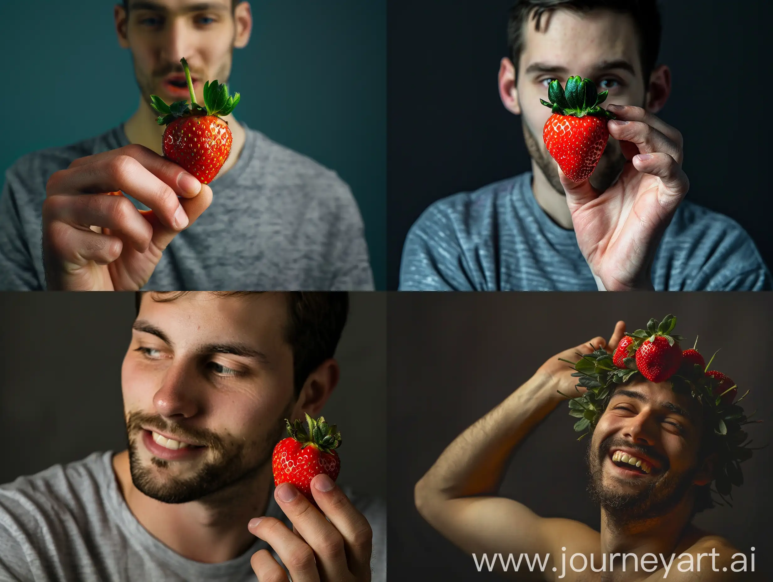 Studio photography of a man with a strawberry