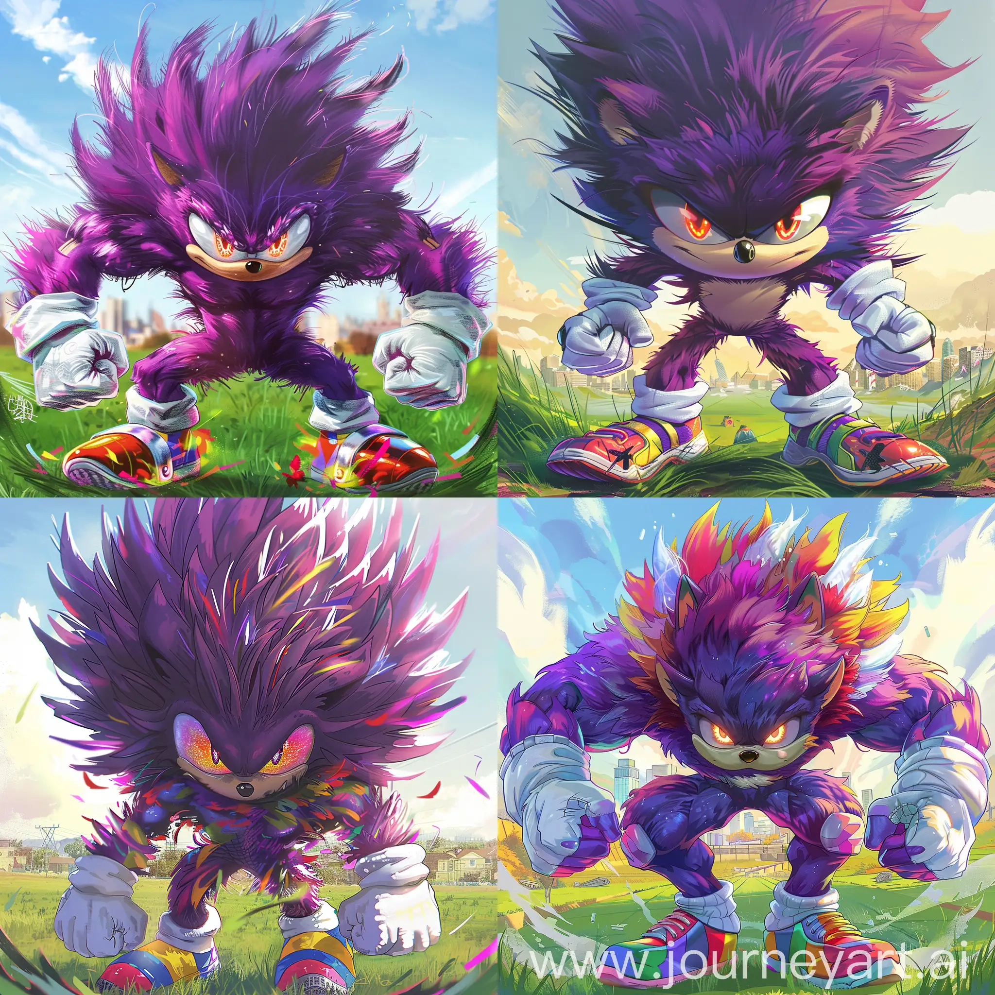 Create an image of a highly detailed, muscular, anthropomorphic purple hedgehog character with intense, glowing eyes and a determined expression. The hedgehog should have vibrant, flowing fur, white gloves, and oversized, colorful shoes. The background should be a bright, sunny day with a grassy field and a distant cityscape. The overall style should be vibrant and dynamic, capturing a sense of power and energy.
