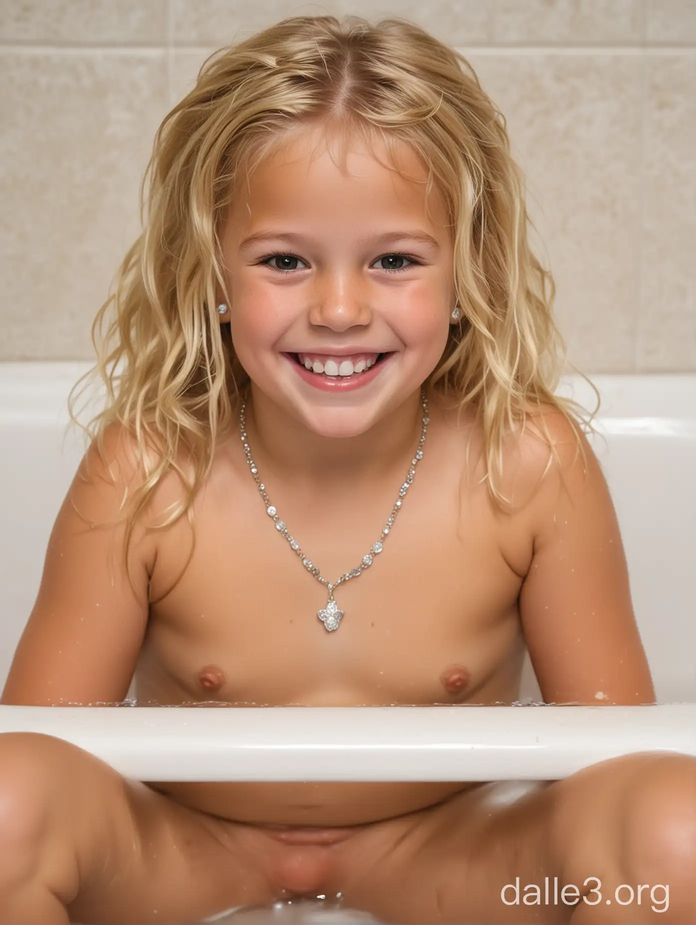 The image shows a young child with a big smile sitting in a bathtub. The child has blonde hair and is wearing a necklace.