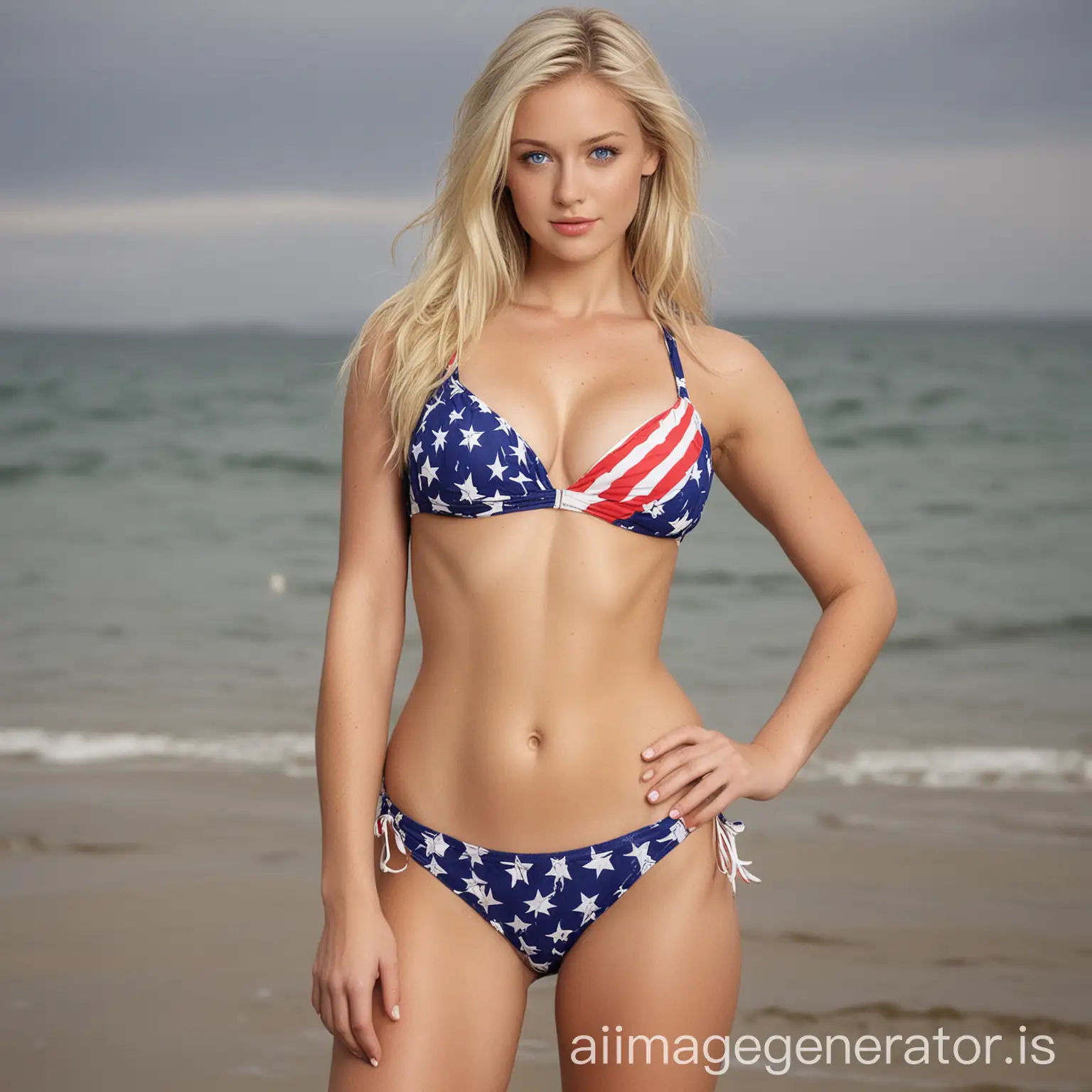 American Fashion Model with Blonde Hair in Patriotic Bikini at the Beach |  AI Image Generator