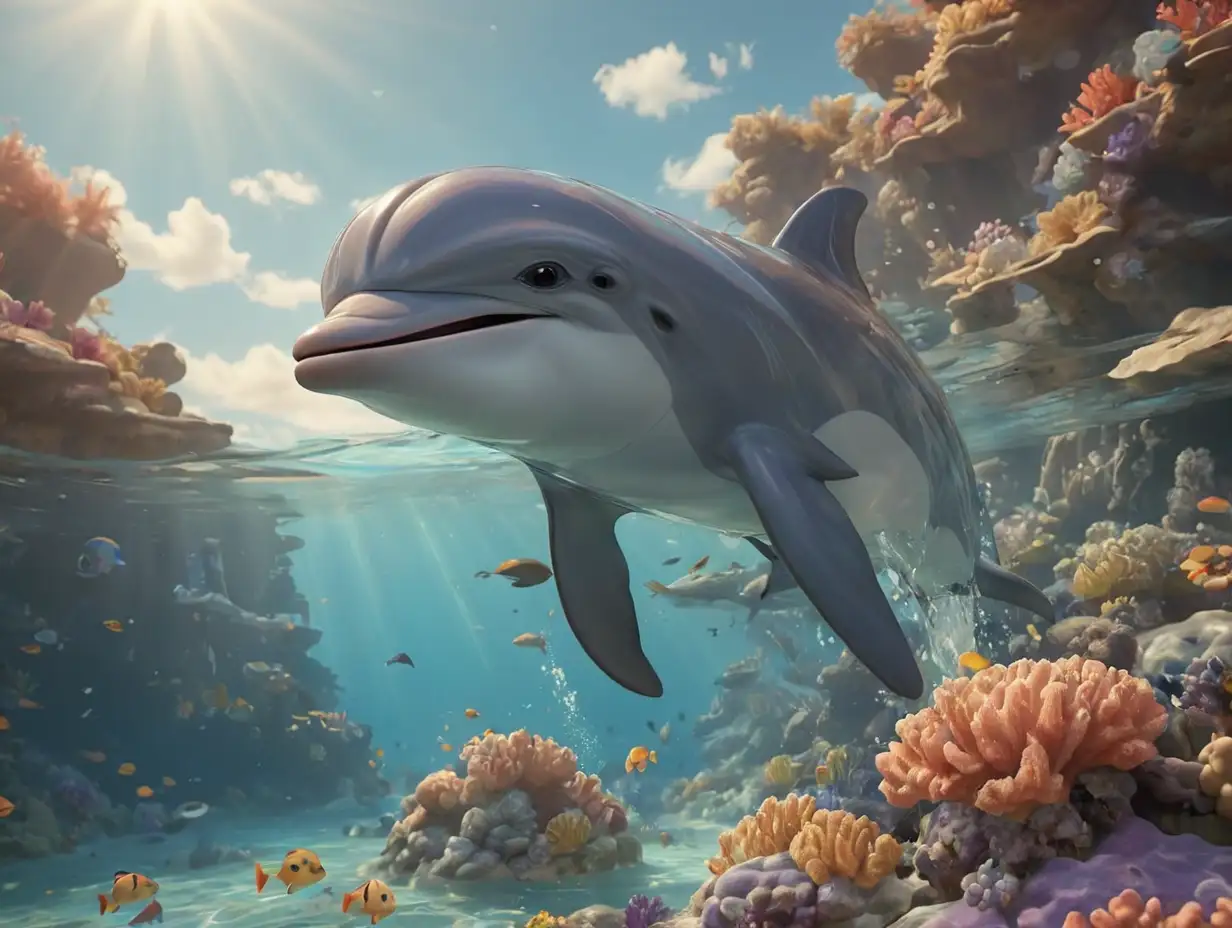 a dolphin, in the shimmering waters of Coral Cove, 3d disney inspire