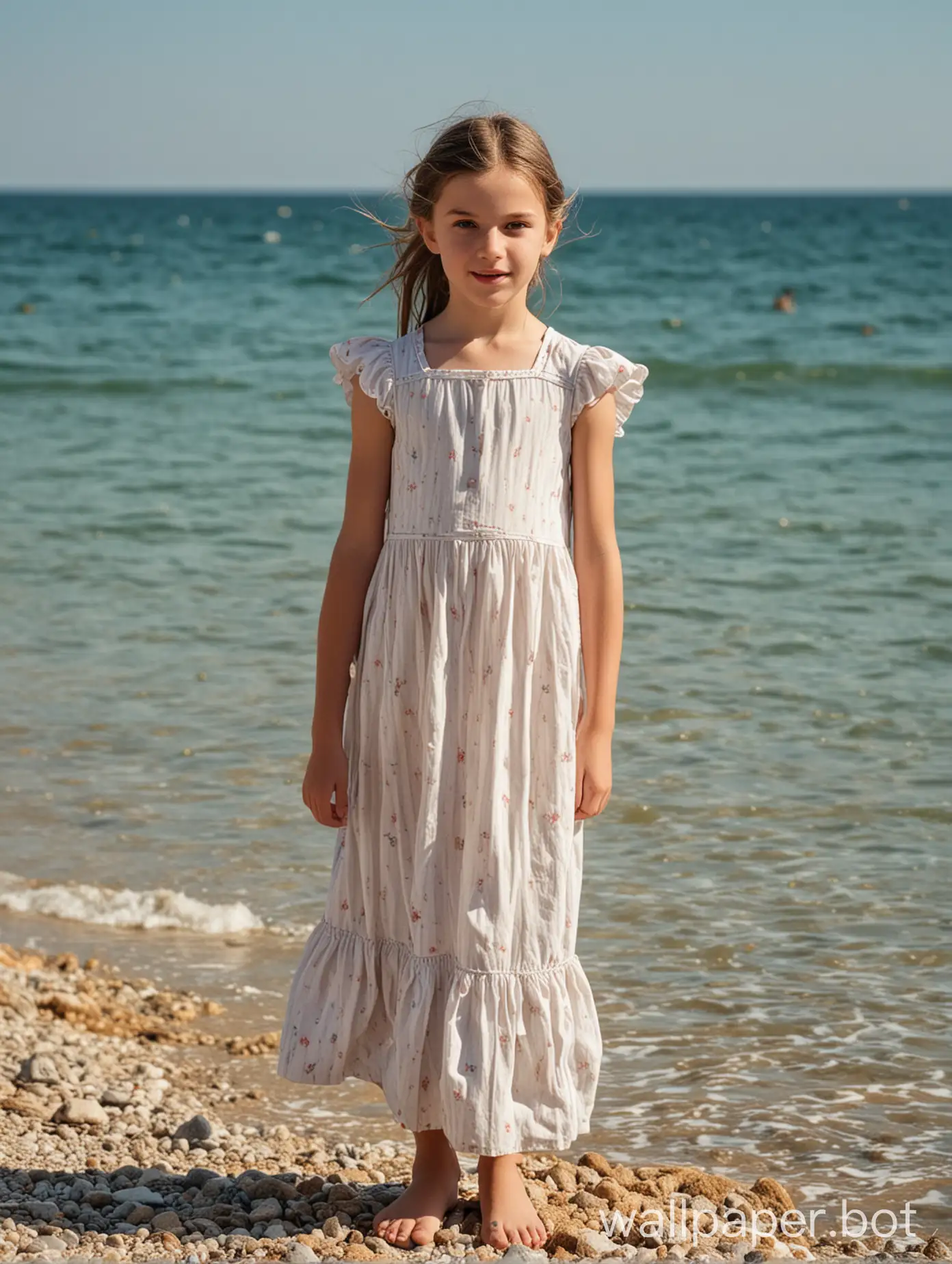 girl 9 years old in France by the sea, people in the background, full growth, coquetry, dynamic poses, front view, full length