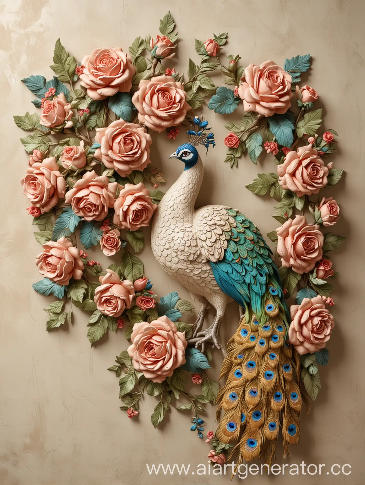 basrelief stucco 3D peacock and huge roses flowers on branch
