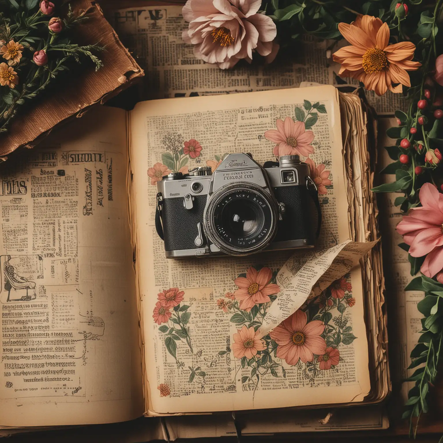 Image of a beautifully curated junk journal with vintage papers, flowers, and illustrations. Keywords: vintage, cozy, detailed, DSLR camera, macro lens, soft lighting.