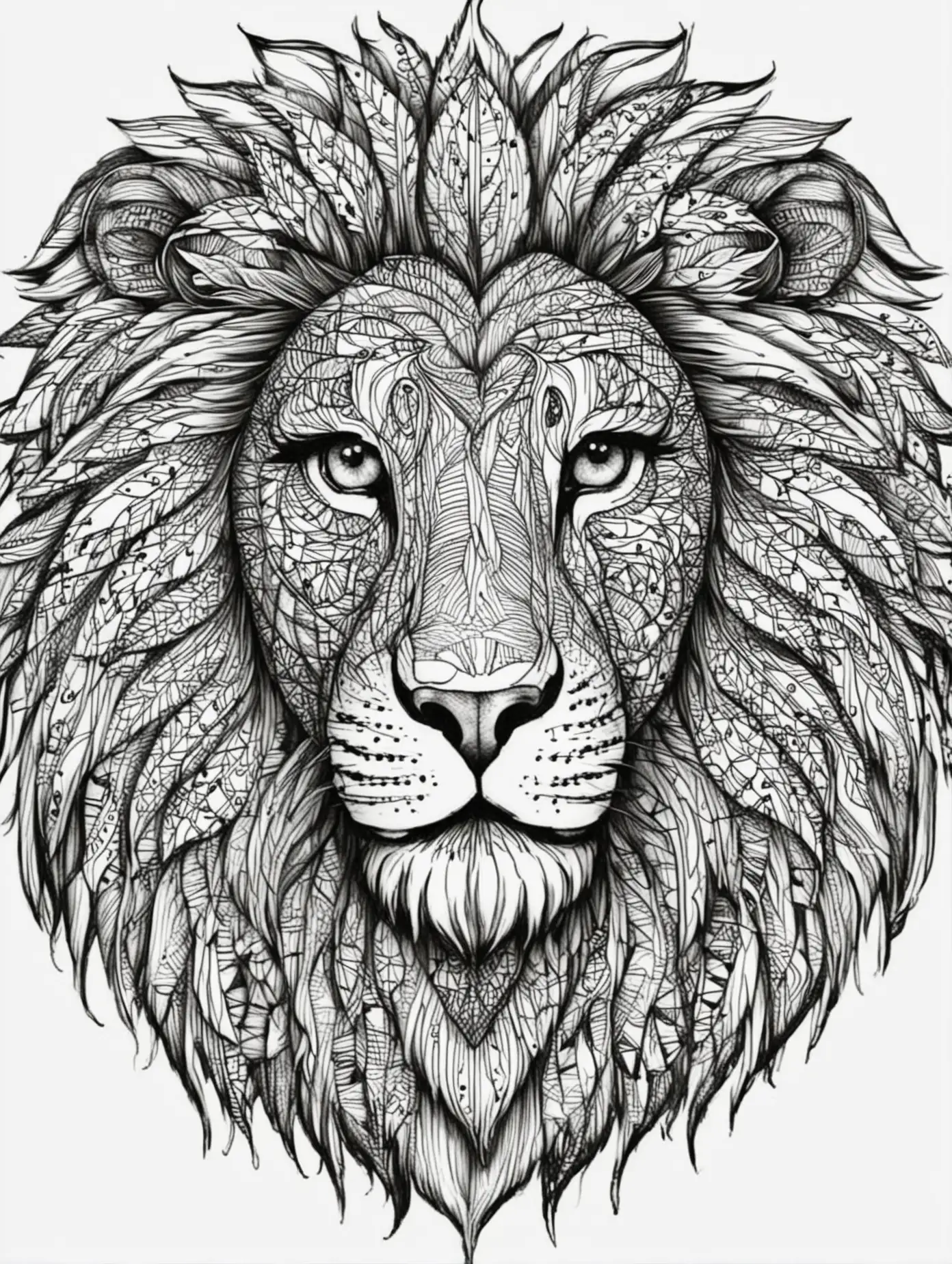 Lion Head Illustration in Zentangle Style Intricate Black and White Design