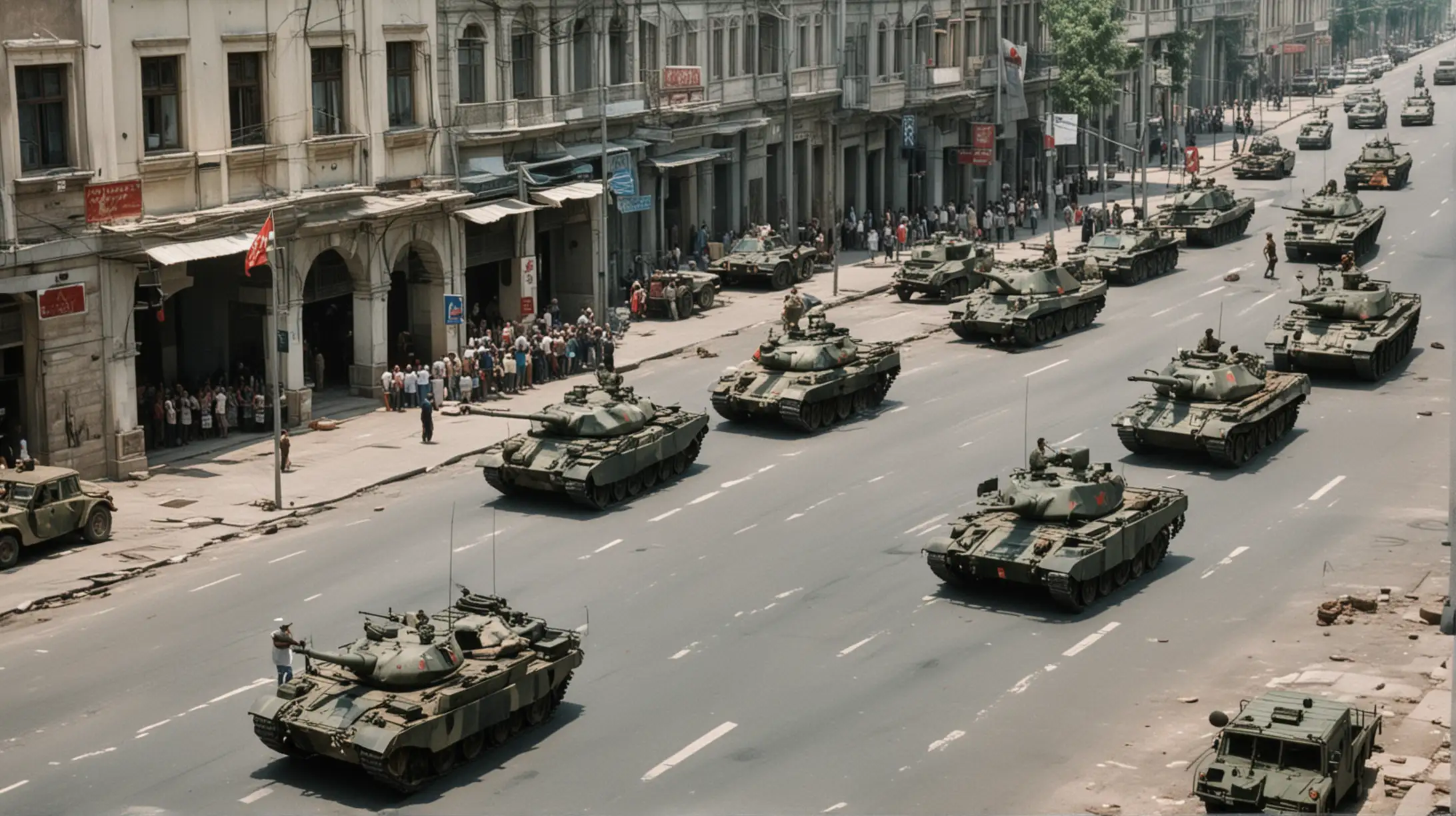 Military Presence: An image of tanks and military vehicles stationed on the streets during the attempted coup in 1991. Provide a caption explaining the circumstances of the coup and its implications for the Soviet government.

