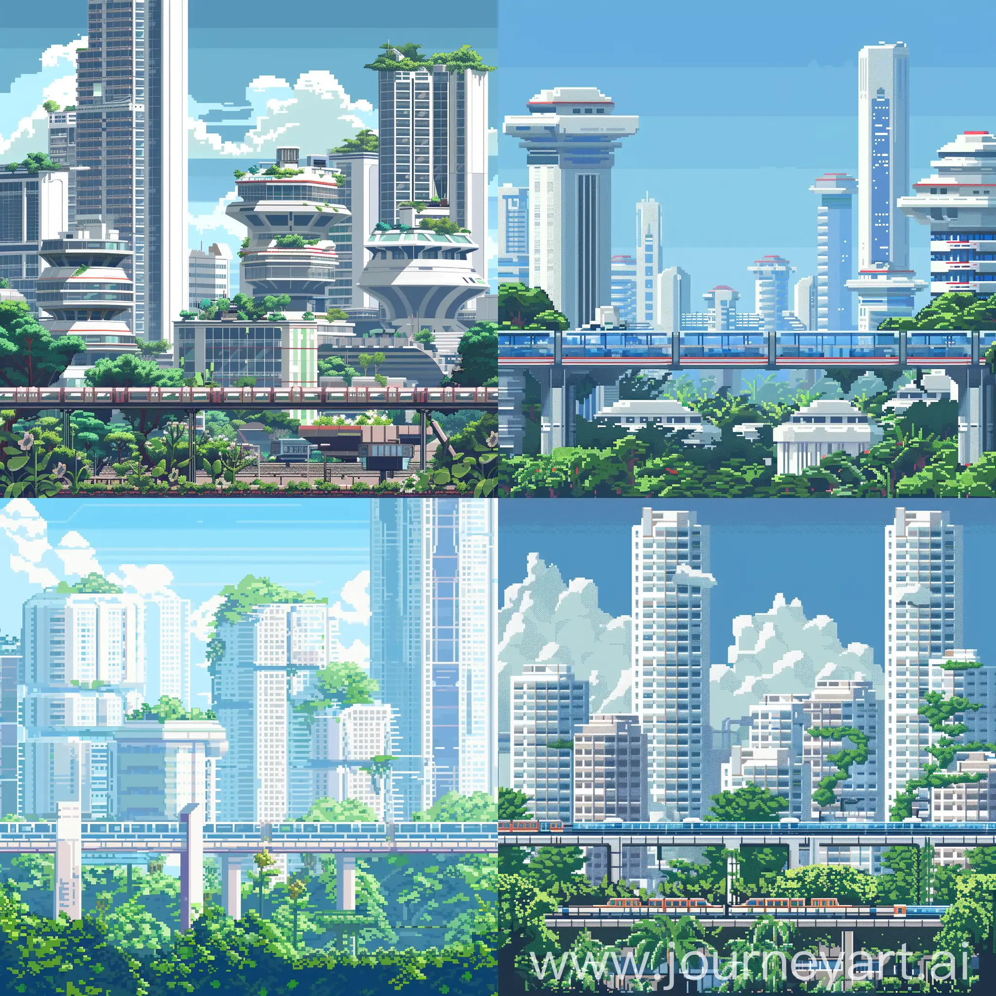 2D pixel art background for a USSR-themed game. Retrofuturism/futurism style. Day. background: Blue sky, monorail, several tall buildings in the distance with white concrete and glass cladding. Buildings - Rounded or sharp angles. Foreground: one glassy building 2 floors, many vegetation and other futuristic elements.