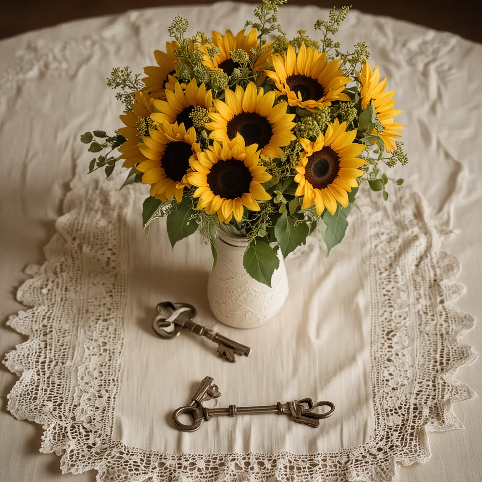 Vintage-Sunflower-Bouquet-with-Antique-Ivory-Vase-and-Keys-on-Lace-Placemat