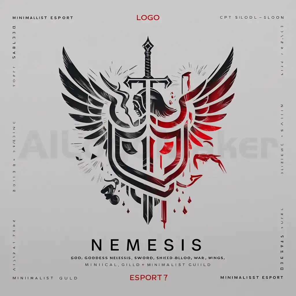 a logo design,with the text "god, goddess nemesis, sword, shield, blood, war, wings, gold, black, red, minimalist, esport, guild, gaming", main symbol:Nemesis,complex,clear background
