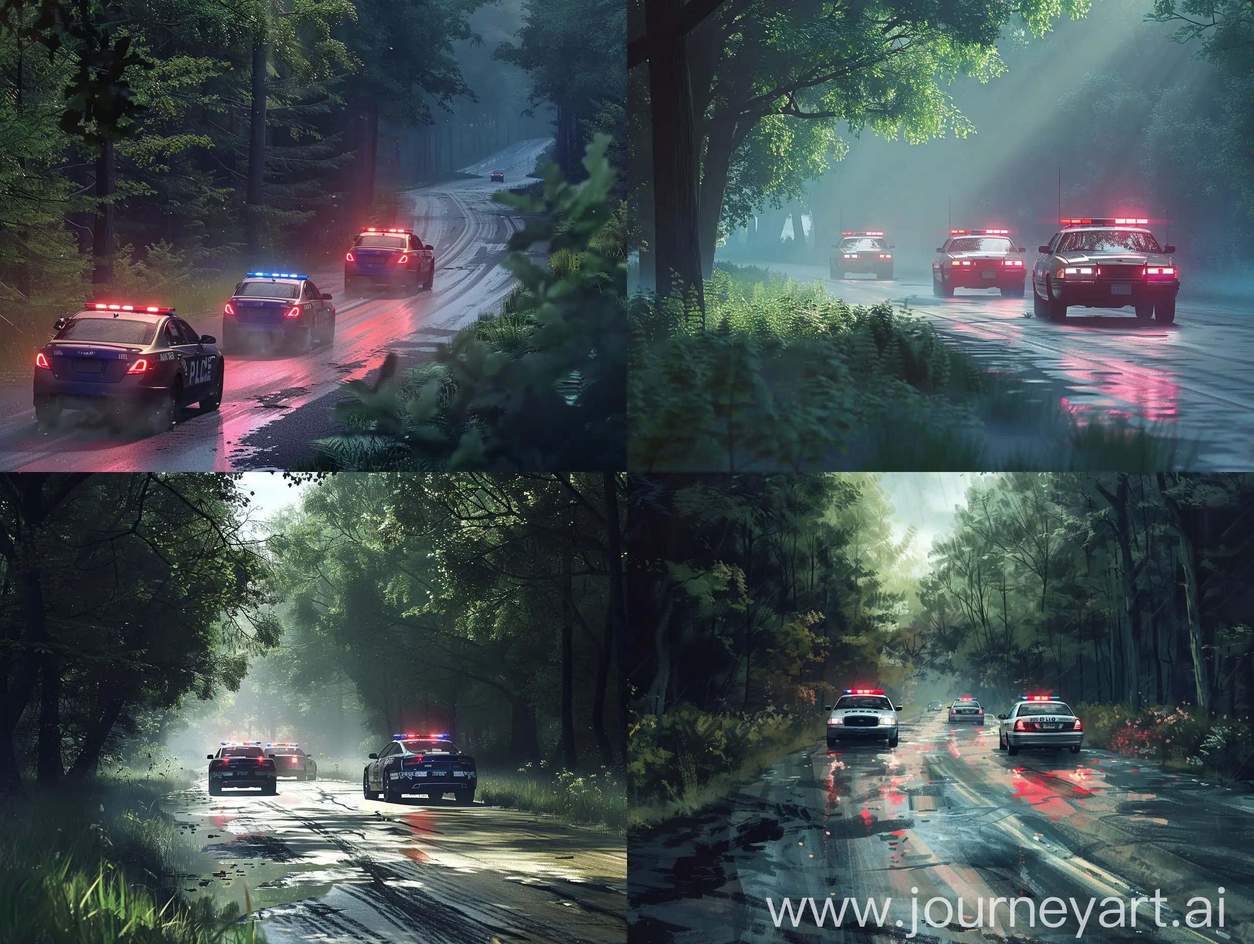 Three-Police-Cars-Chase-Through-Mysterious-Forest