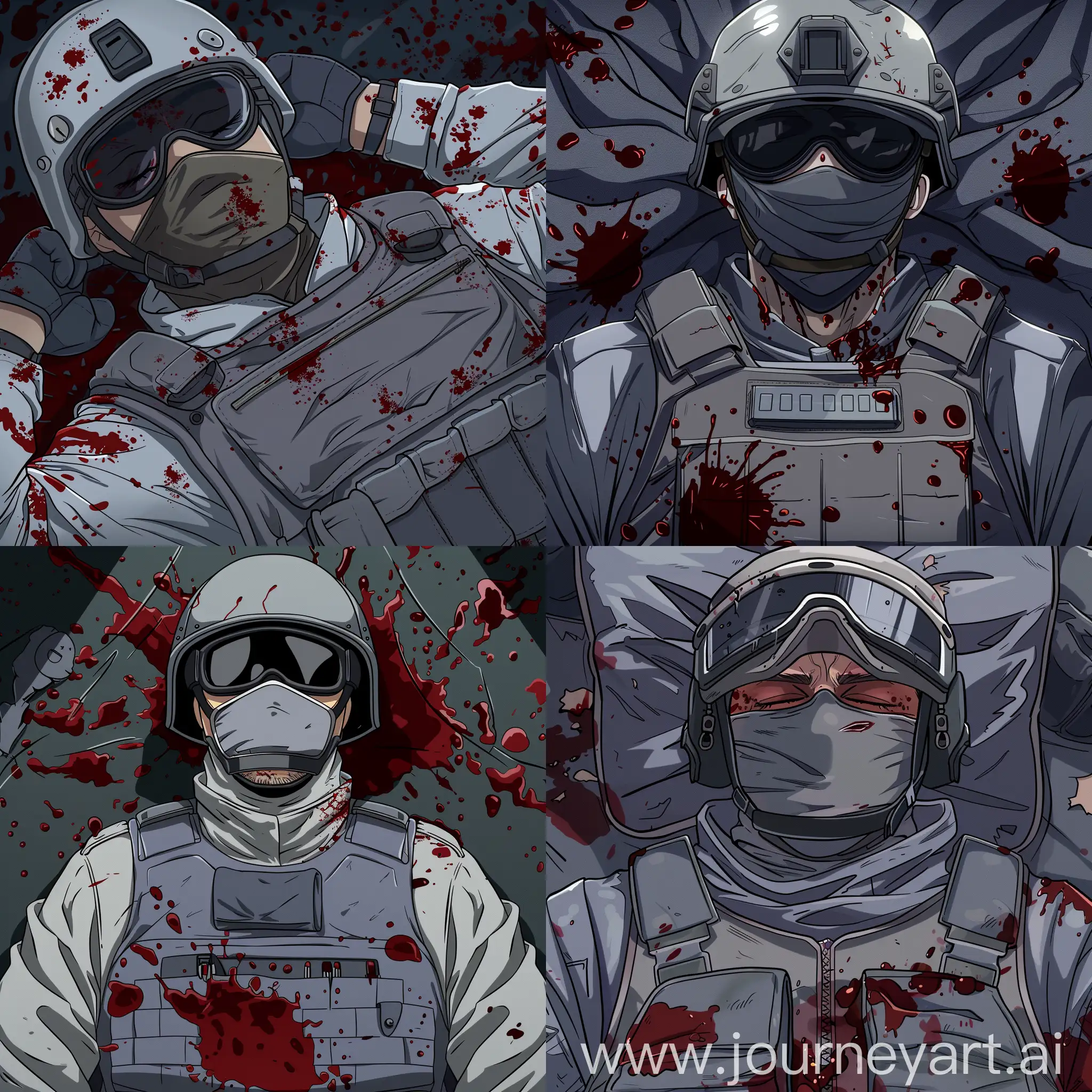 Security-Officer-Corpse-in-Anime-Style-Bloodied-Victim-in-Gray-Uniform