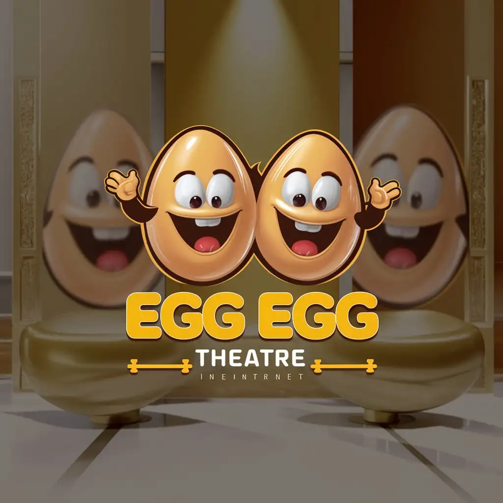 a logo design,with the text "Egg Egg Theatre", main symbol:two eggs/cartoon/warm/funny/bizarre/3D/couple/high quality/angry/yolk/shell/lustful/friendship/happy/fun/young/cute/colored/luxury/without background/happy/fashion/commercial logo/Chinese style,Minimalistic,be used in Internet industry,clear background