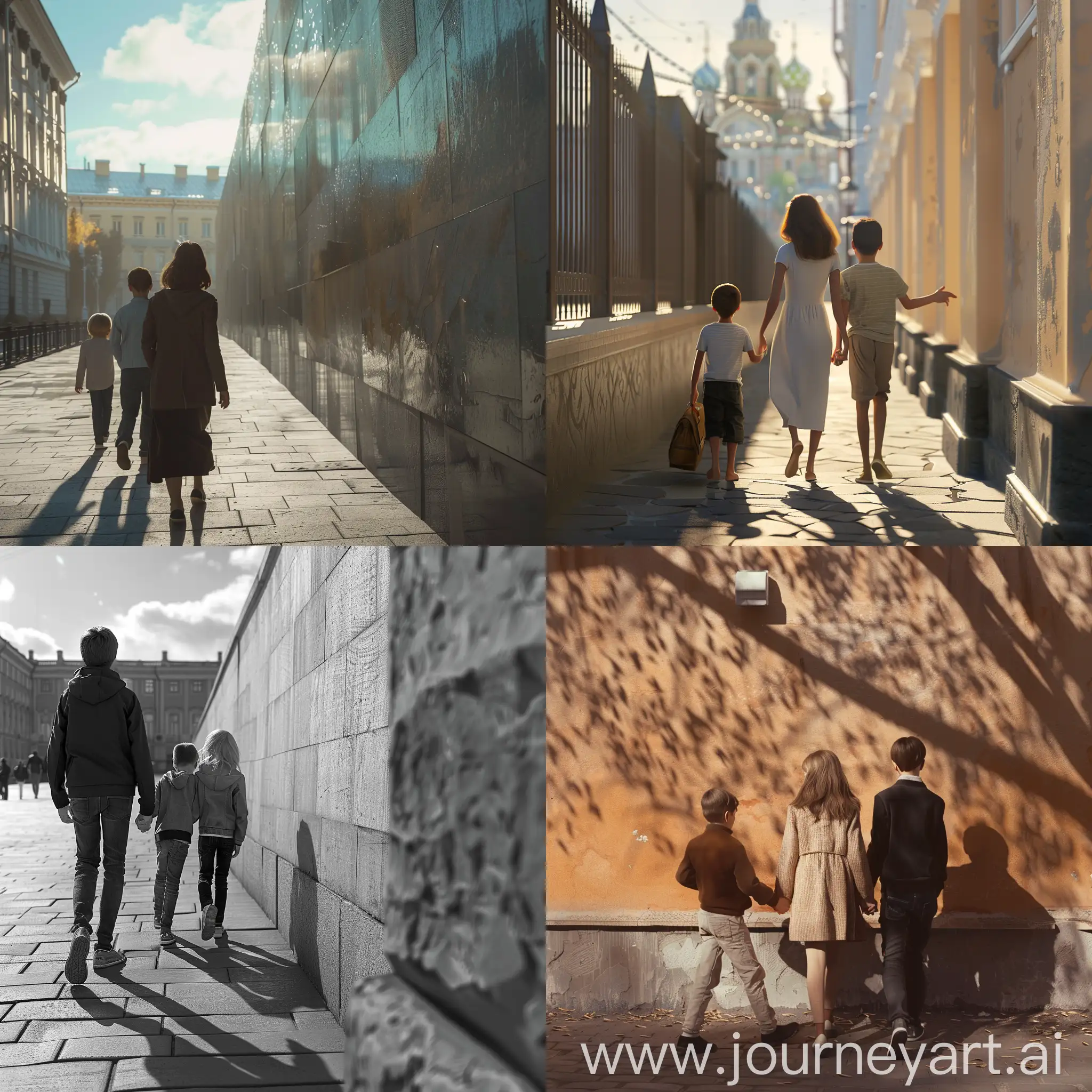 Девушка гуляет по Санкт-Петербургу с двумя парнями за руку, а её парень смотрит на это прячась за стеной, кадр должен идти сзади спины парня за стеной, 3d generation