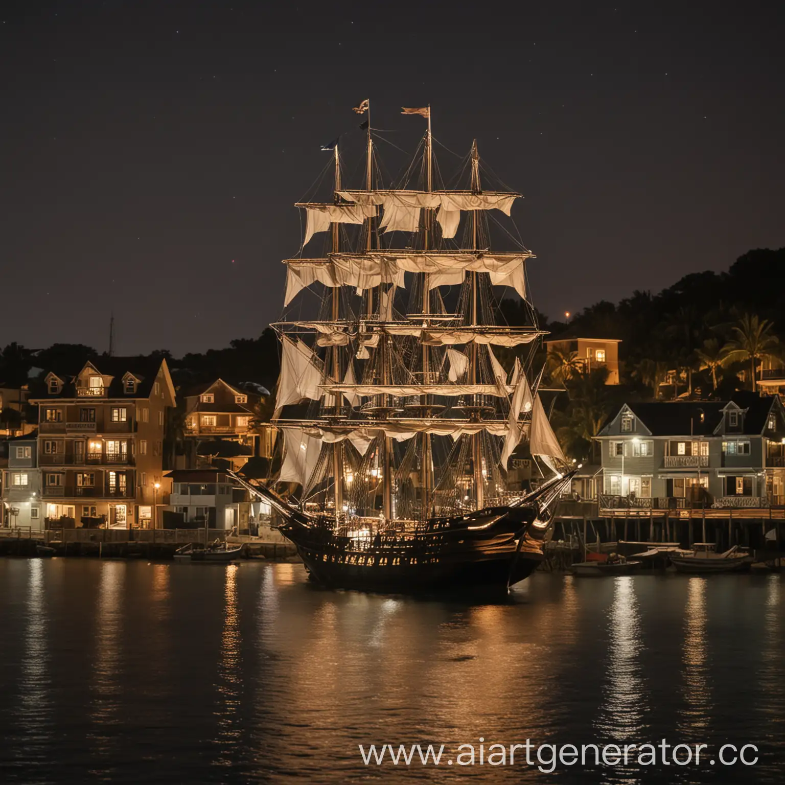 Pirate-Ship-Anchored-at-Tortuga-Bay-with-Lit-Houses