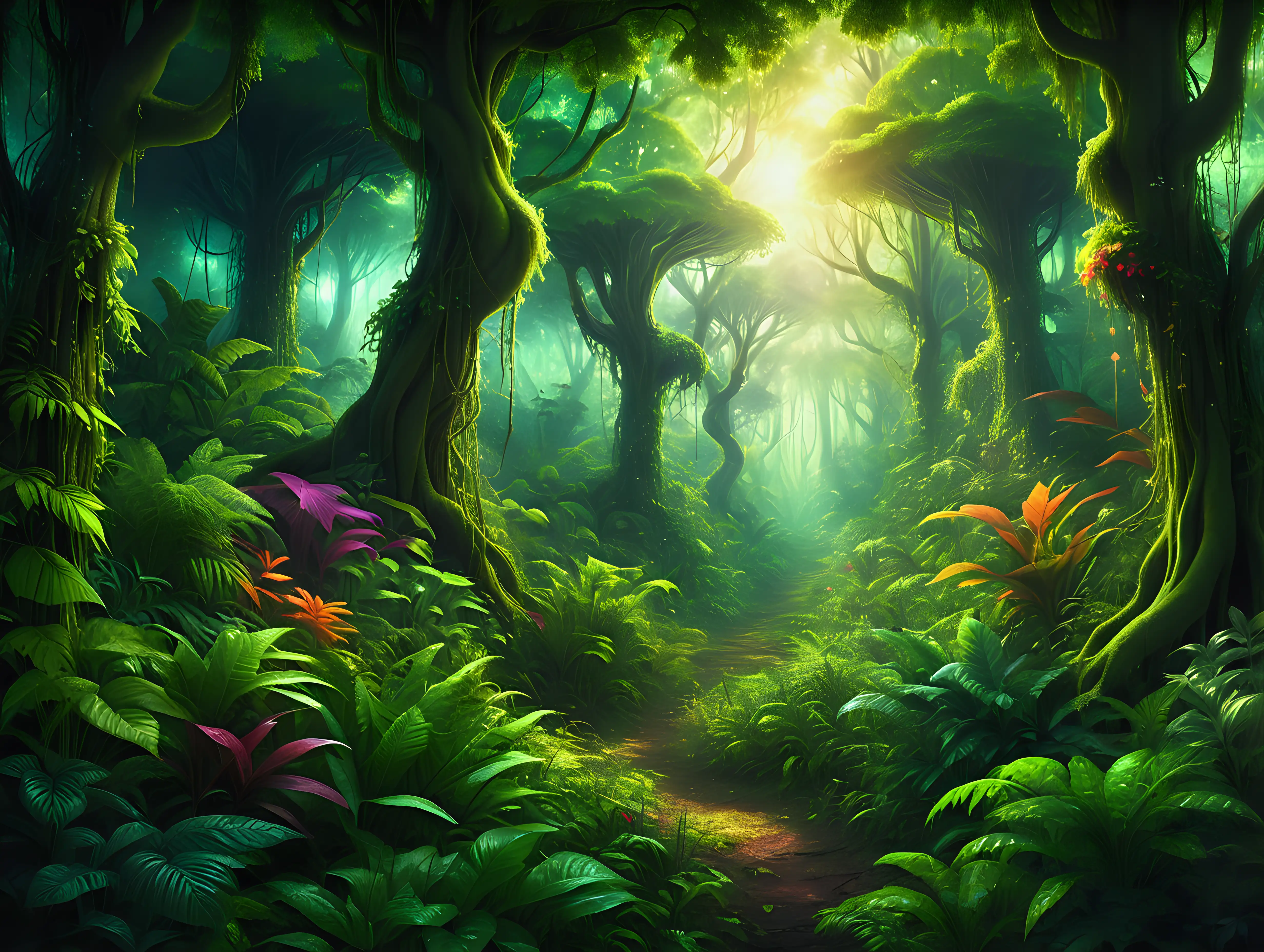 This image depicts a lush, green and vibrant forest, full of bright colour. The mystical forest is dense with various types of trees and vegetation, including large, thick vines, and broad-leaved plants. The atmosphere appears enchanted, adding a sense of peace and tranquility to the scene. The lighting suggests that it might be dawn, creating a serene and enchanting ambiance.
