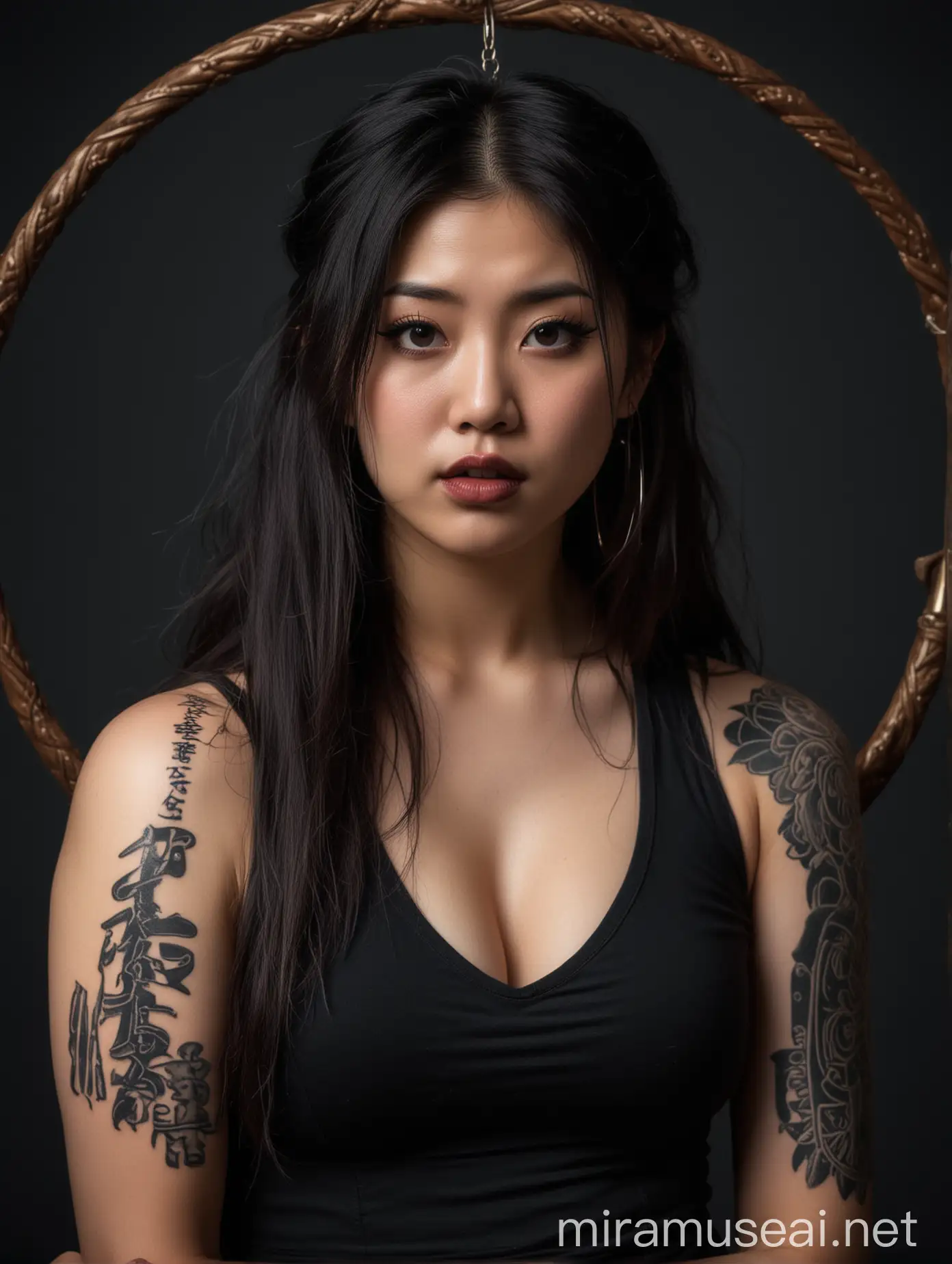 Realistic Photo, Renaissance pose, Japanese woman,long hair, mean, shinning light, chubby, tattoos, hoop earrings, black tank top, BLACK lipstick,  TATTOOS, angry expression, dark background,