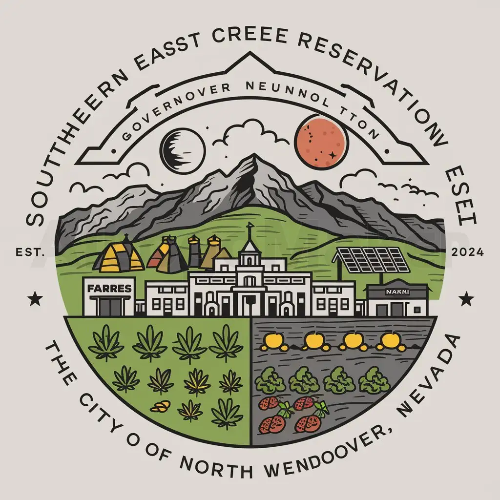 a logo design,with the text "Southern East Cree Reservation est. 2024", main symbol:a logo design,with the text , main symbol:The City Of North Wendover, Nevada. A city in between a mountain valley. A cannabis and fruit and vegetable farm, city hall in the middle, stores and homes and solar panels. Make it into a city crest.,Moderate,be used in Government industry,clear background Moon and Mars placed above the city,complex,be used in government industry,clear background