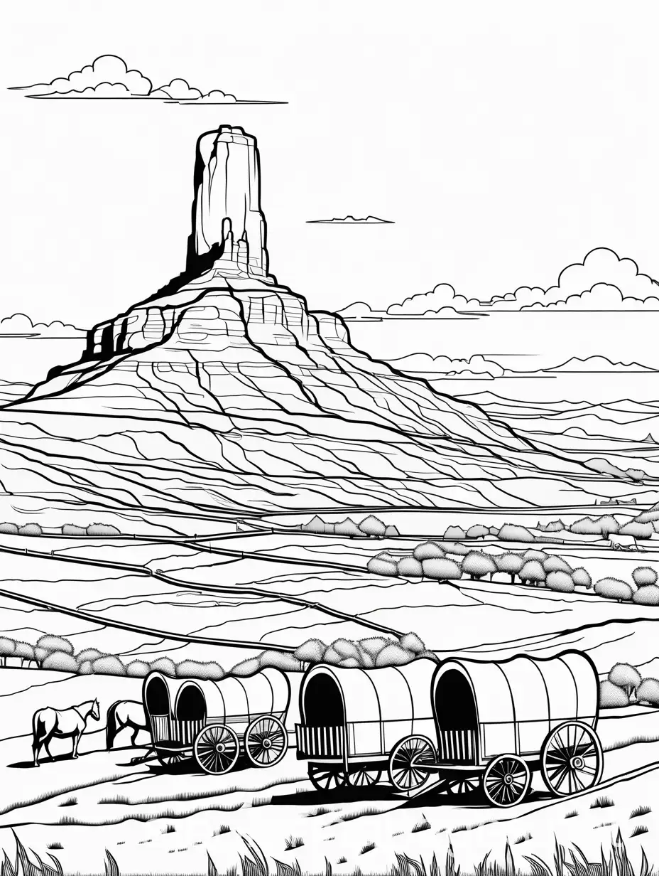 chimney rock, nebraska with oregon trail covered wagons in the field, Coloring Page, black and white, line art, white background, Simplicity, Ample White Space. The background of the coloring page is plain white to make it easy for young children to color within the lines. The outlines of all the subjects are easy to distinguish, making it simple for kids to color without too much difficulty