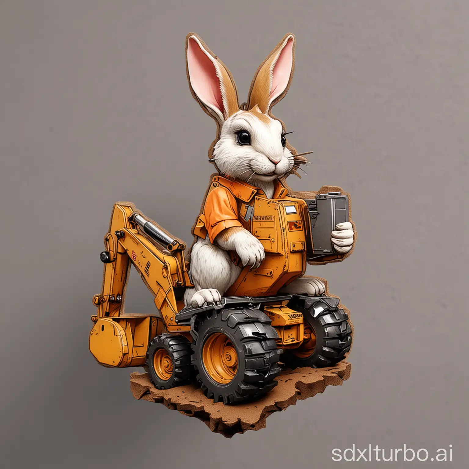 rabbit on excavator, carton style, badge style, hight quality