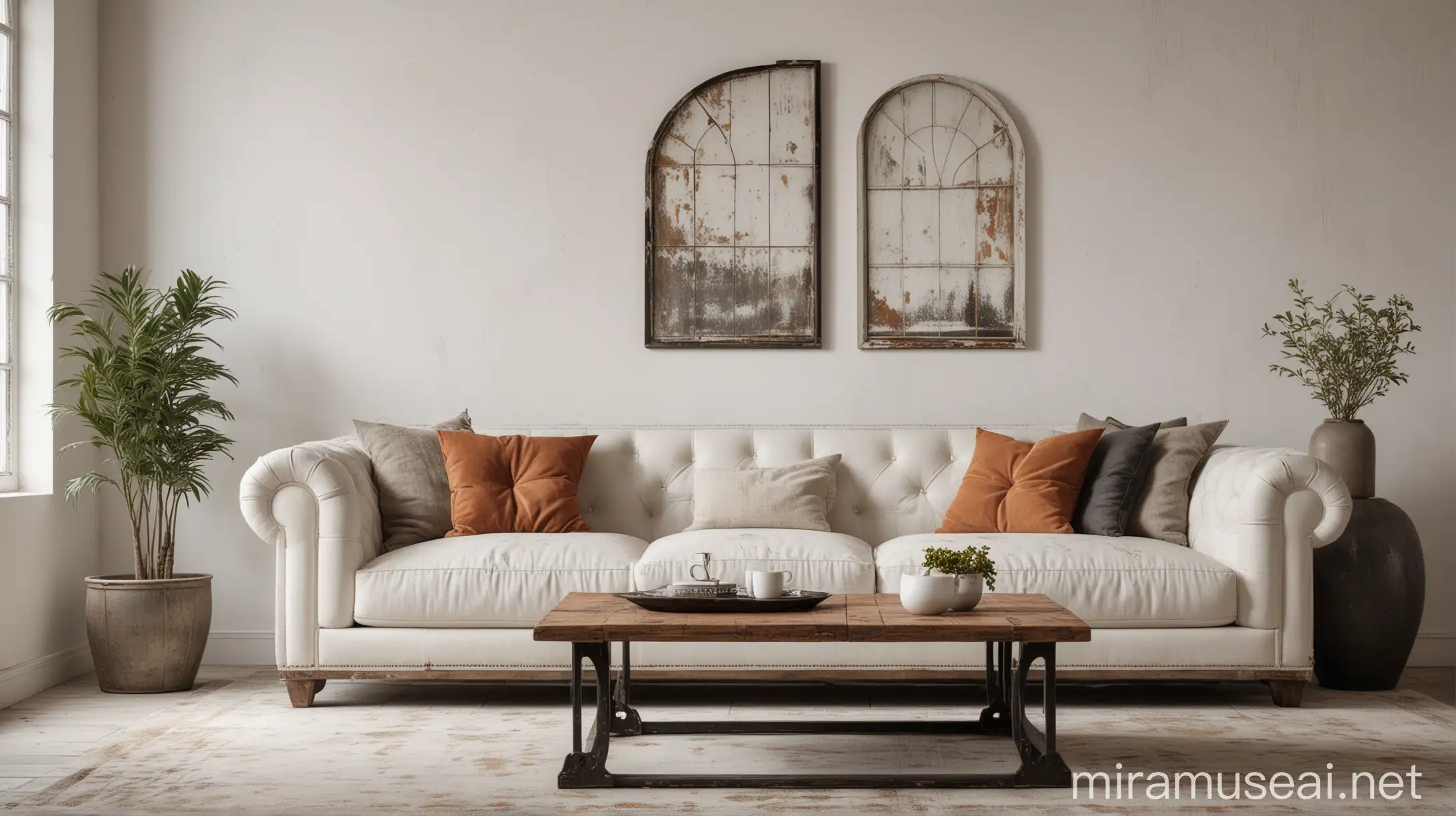 A close-up shot of the grunge old accent coffee table, focusing on its distressed details. The white sofa is slightly out of focus in the background, emphasizing the table's character. The arched window and white wall with a big art poster frame create a sense of depth and perspective. Minimalist, art deco interior design of a modern living room.