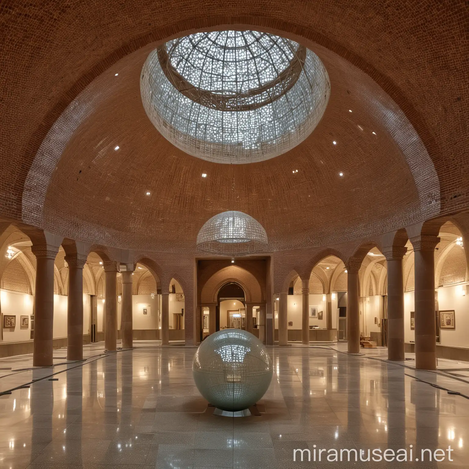 sphere interior, night, sphere architecture, museum, lobby, closed ceiling, brick material, no glass ceiling, iranian architecture,