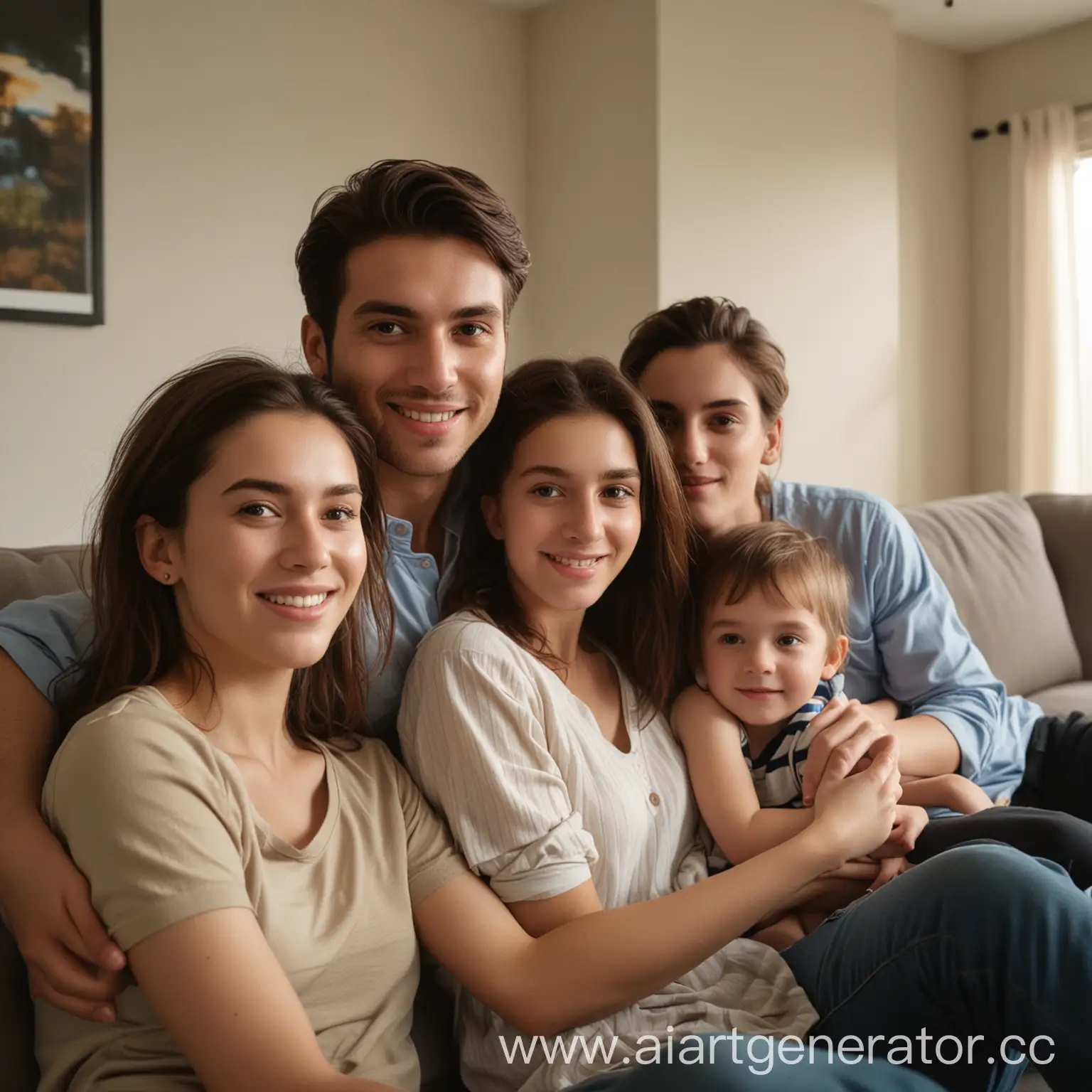 A happy family is sitting on the couch in the middle of the apartment, natural light,cinematic volumetric light,soft ton of skin,natural colors,film look,film style,Kodak film,beautiful face,beautiful faces,realistic skin,natural soft ton of skin,harmonious proportions faces,balanced proportions faces,pro color palette, bright and juicy colors, pro photo, pro shadows design, pro color tone mapping,elegant,pro color rendering,high end art,pro photo,photo focus,photographic, photorealistic,hyper realistic,highly detailed,shot on Nikon D850 camera by Julia Sariy, rtx 4080,8k,8k detailed,unreal engine 5,octane render,txaa,fkaa,rtx 3080,wide-angle shot
