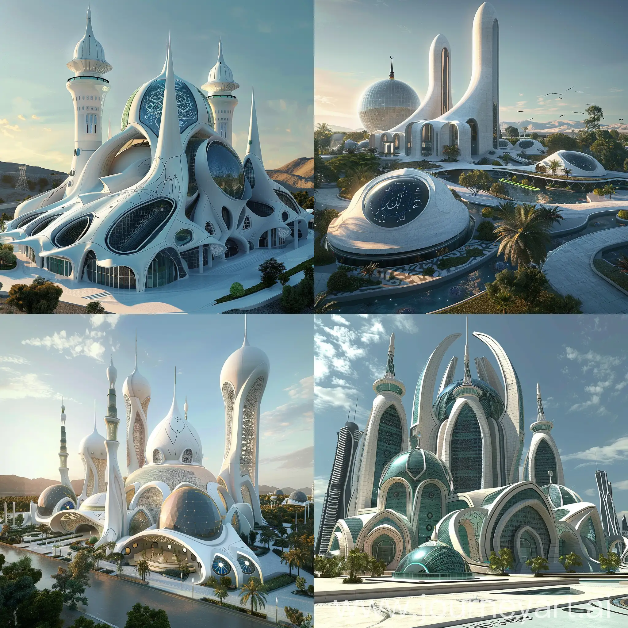 Sci-Fi mosque, Advanced Science and Technology, Advanced, Smart Climate Control, Energy Harvesting Prayer Mats, Augmented Reality Qibla Finder, Interactive Educational Walls, Robotic Maintenance Units, Eco-Friendly Wudu Areas, Solar Dome, Sound Optimization, Digital Donation Stations, Virtual Reality Prayer Spaces, Dynamic Façade, Green Minarets, Water Reclamation Systems, Drone Technology, Adaptive Lighting, Retractable Roof, Solar-Powered Calligraphy, Elevated Gardens, Smart Parking Solutions, Holographic Displays, In Unreal Engine 5 Style --stylize 1000