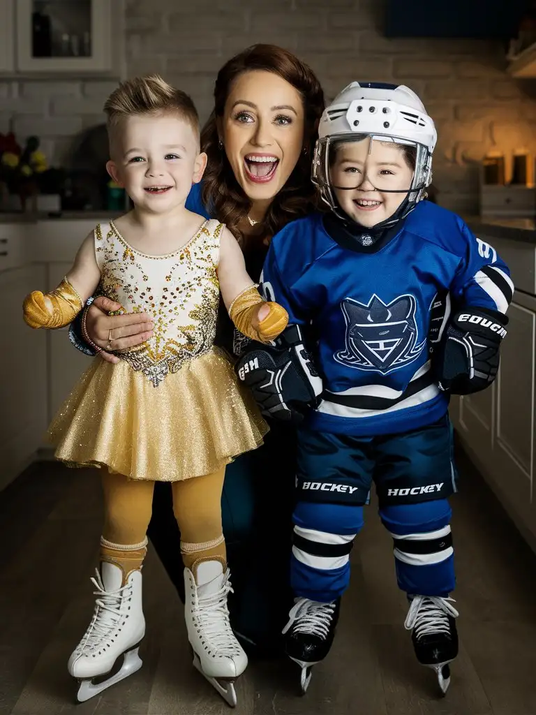 Gender role-reversal, Photograph of a mother dressing her young son, a boy age 8, up in a shiny golden ice skating dress and skates, and her young daughter, a girl age 9, up in a blue ice hockey suit and skates, in a kitchen for fun, adorable, perfect children faces, perfect faces, clear faces, perfect eyes, perfect noses, smooth skin