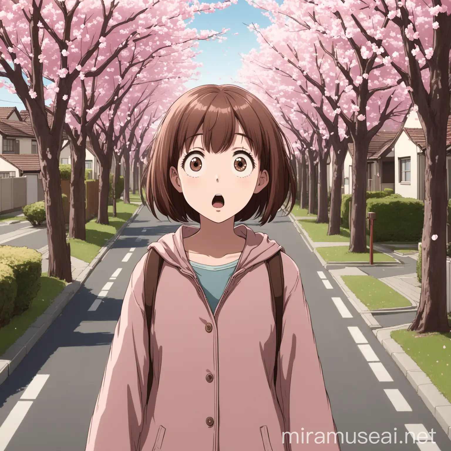 girl with short brown hair and brown eyes, looking surprised, a quiet suburban street lined with cherry blossom trees