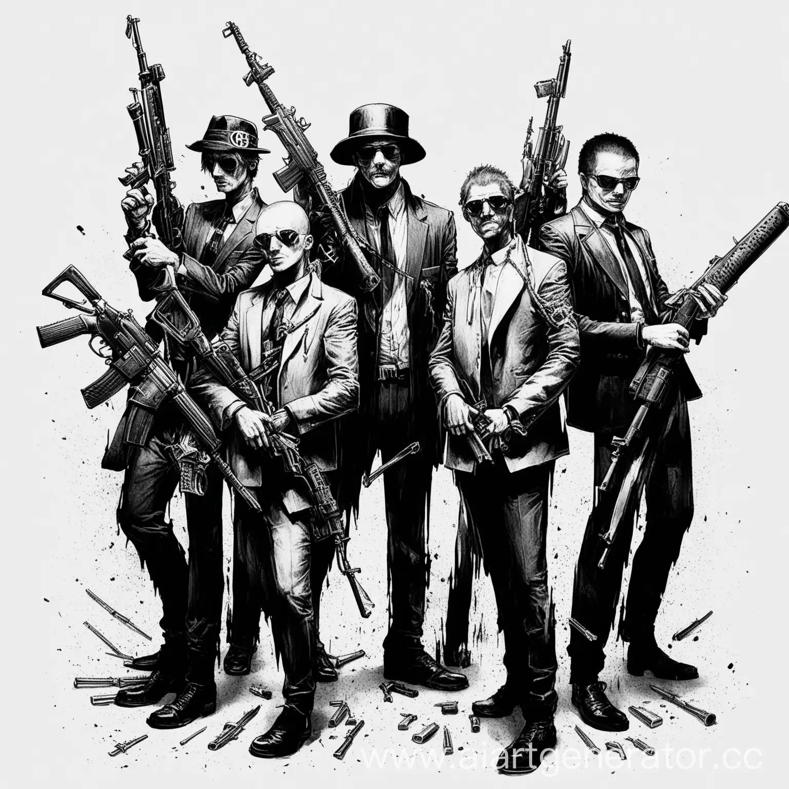Criminal-Band-with-Weapons-on-BlackandWhite-Background