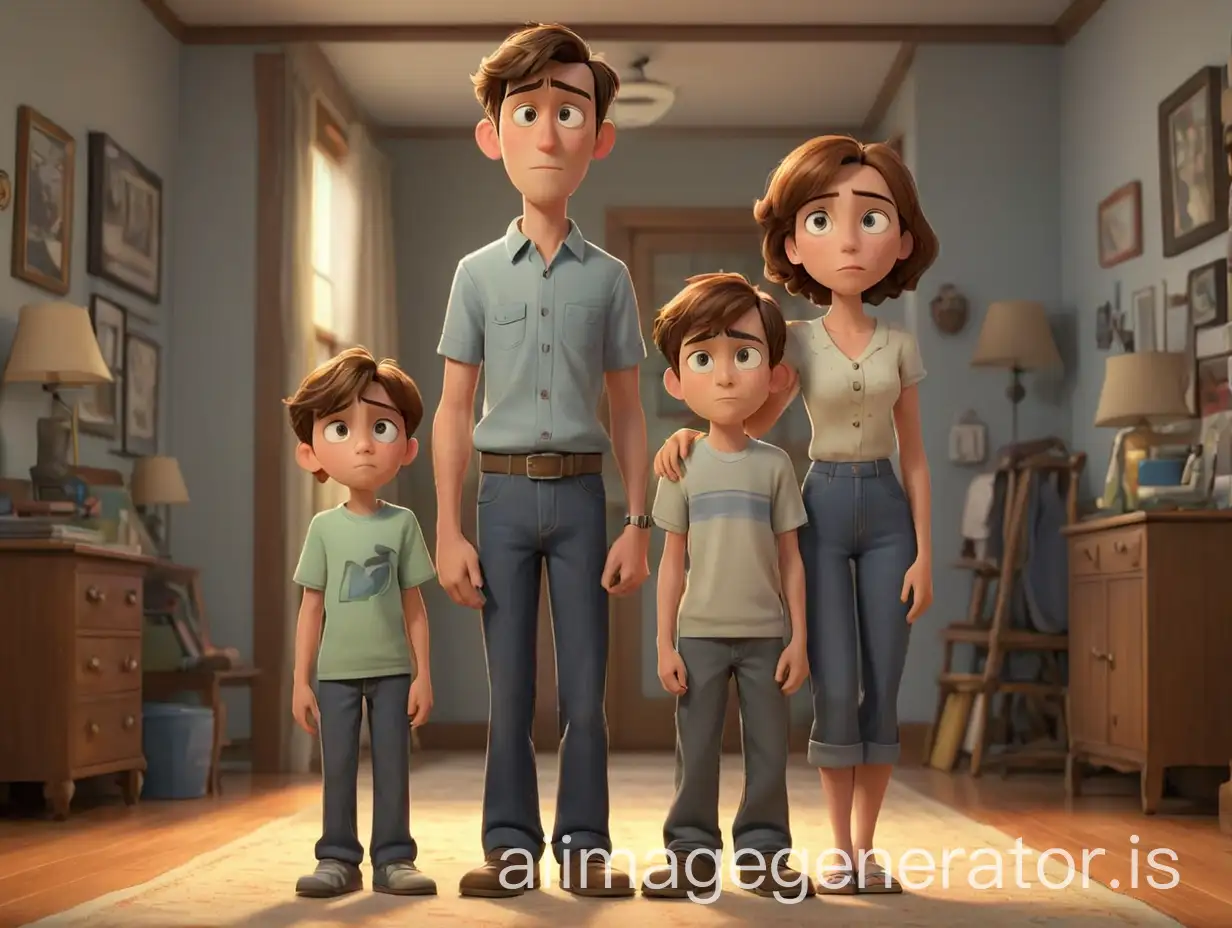 12 year old boy, standing between his parents, all looking content, full body, 3d pixar art style