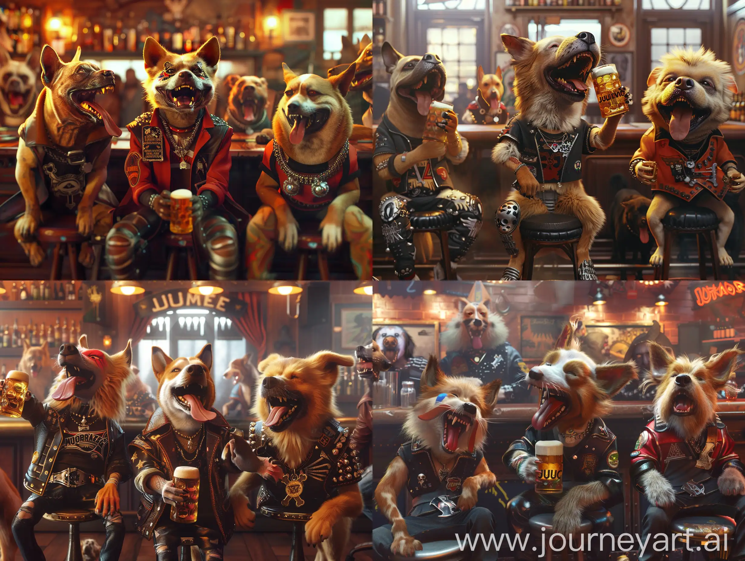 Three-Dogs-in-Heavy-Metal-Attire-Enjoying-Beers-at-a-Bar
